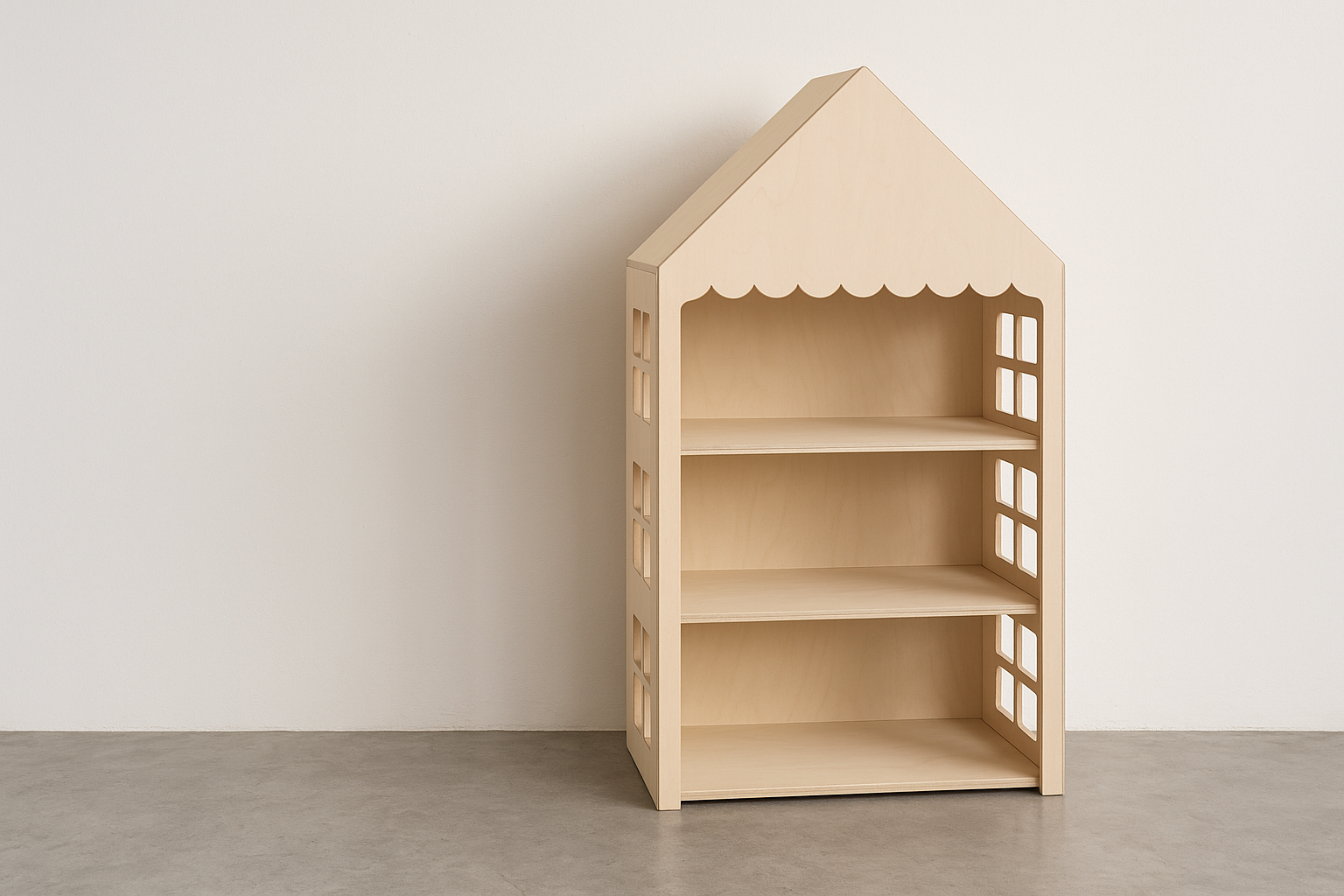 Freestanding dollhouse display shelf made from raw birch plywood with window cut-outs and scalloped trim. Features 3 shelves and pitched roof design. Ideal for events, kids’ rooms, or markets.