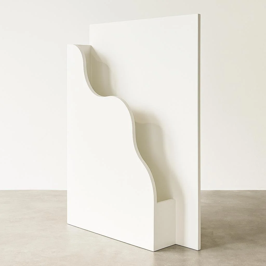 Minimalist white sculpture with curved cutouts in a gallery space