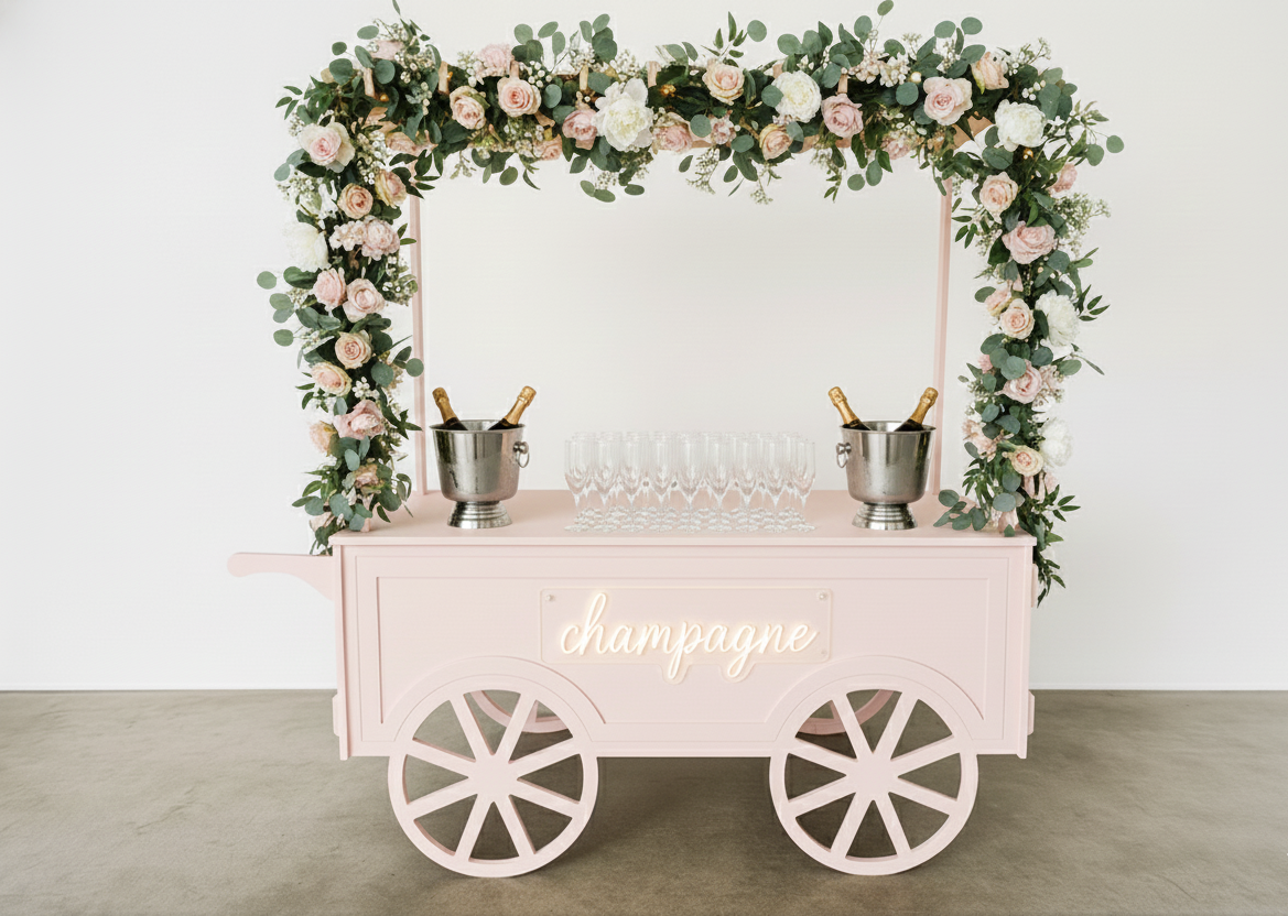 collapsible cart with long brass handle and cream fringe canopy. Ideal for styled pop-ups, wedding bars, and market displays. Click-together design, available to hire in Melbourne.
