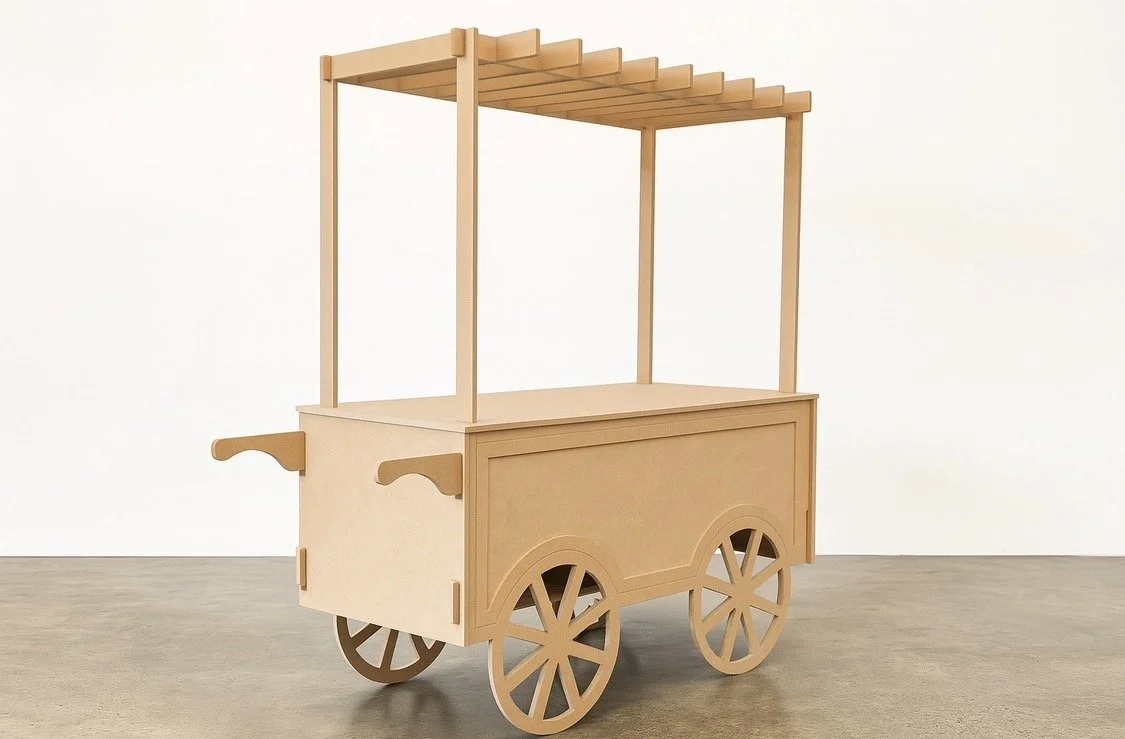 collapsible cart with long brass handle and cream fringe canopy. Ideal for styled pop-ups, wedding bars, and market displays. Click-together design, available to hire in Melbourne.