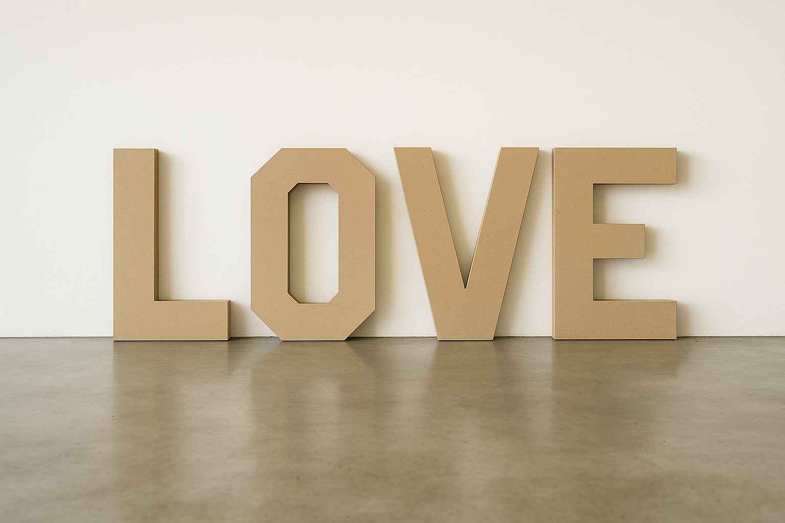 Large beige 3D letters spelling out 'LOVE' on a wooden surface against a white wall.