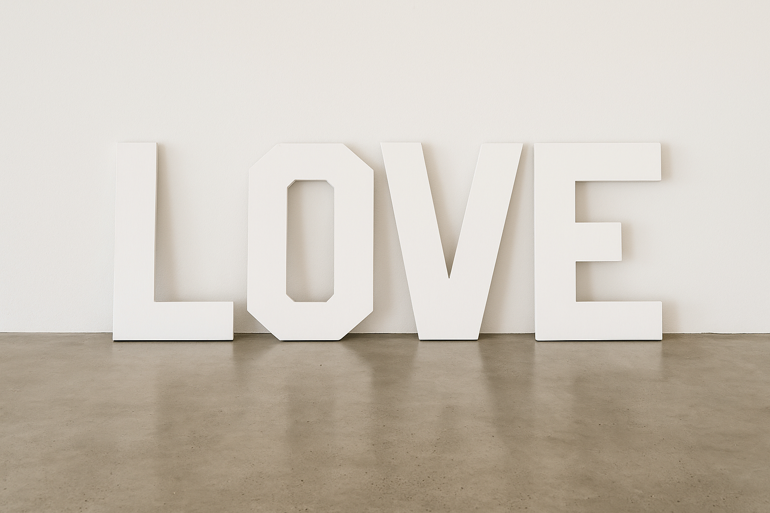 White decorative letters spelling the word 'LOVE' placed on a concrete floor against a plain white wall.