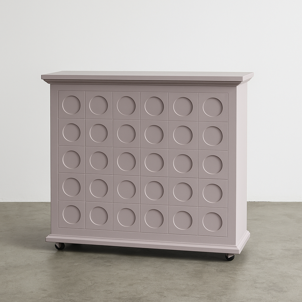 Pale pink collapsible event cart with spotted detailing, flat-pack design, and curved canopy—perfect for weddings, dessert tables, and product displays. Tool-free assembly, available for hire in Melbourne.