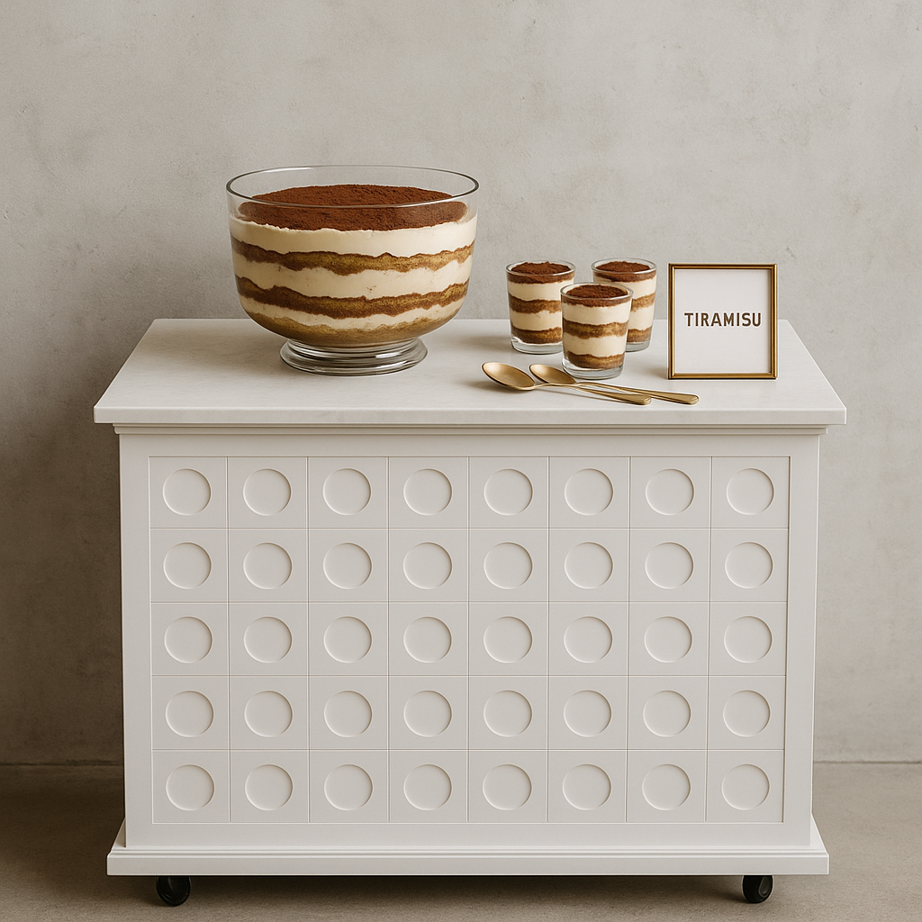 Pale pink collapsible event cart with spotted detailing, flat-pack design, and curved canopy—perfect for weddings, dessert tables, and product displays. Tool-free assembly, available for hire in Melbourne.