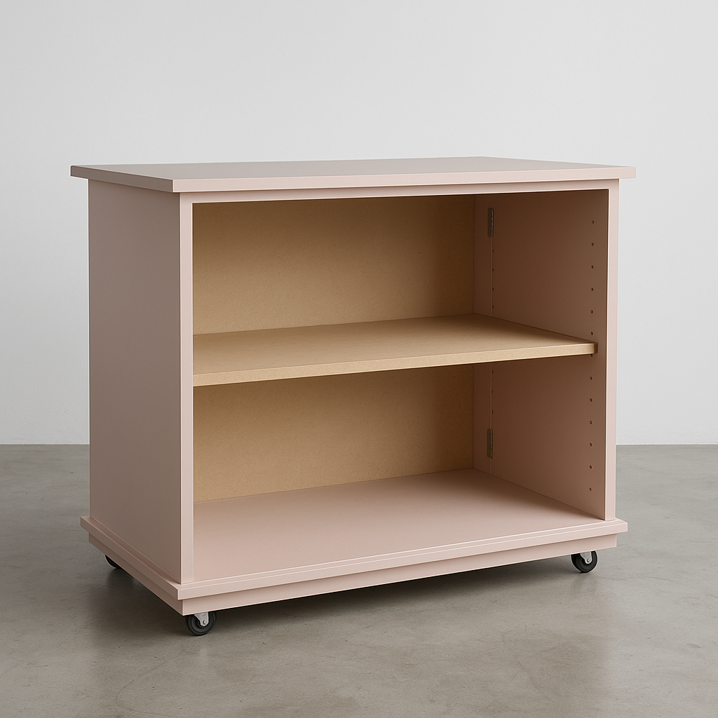 Pale pink collapsible event cart with spotted detailing, flat-pack design, and curved canopy—perfect for weddings, dessert tables, and product displays. Tool-free assembly, available for hire in Melbourne.