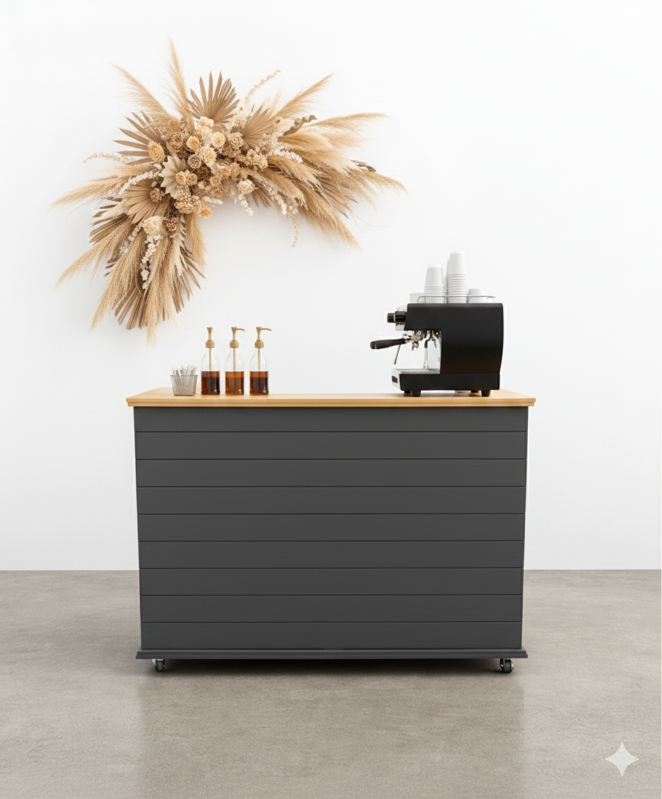 Aesthetic champagne bar setup using the Classic Marg collapsible event cart. A chic, Melbourne-made mobile bar with a smooth, minimalist design, styled with crystal glassware and floral arrangements for a luxury bridal shower or outdoor wedding activ