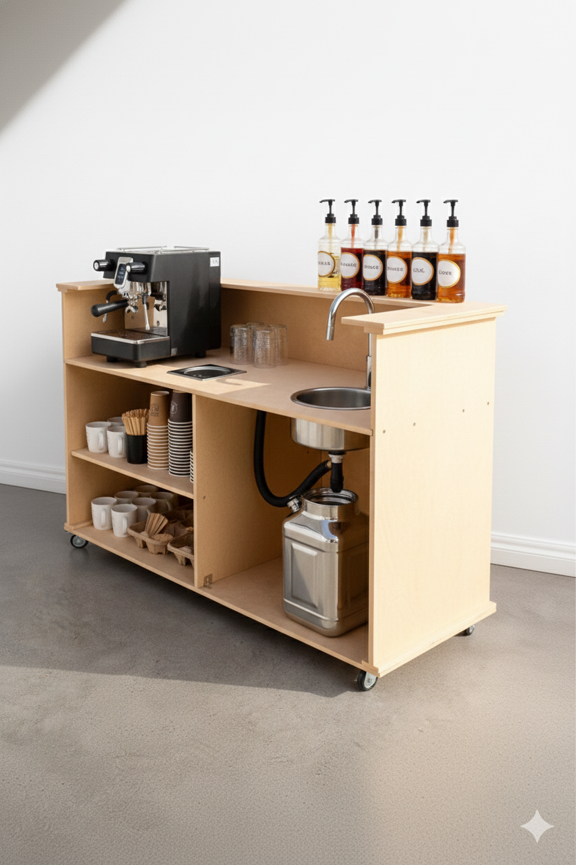 Classic Marg portable bar cart for events, featuring a collapsible flat-pack design and screw-free assembly. Made in Melbourne, this timber mobile drink station is shown styled with cocktails and flowers, perfect for weddings, market stalls, and bran