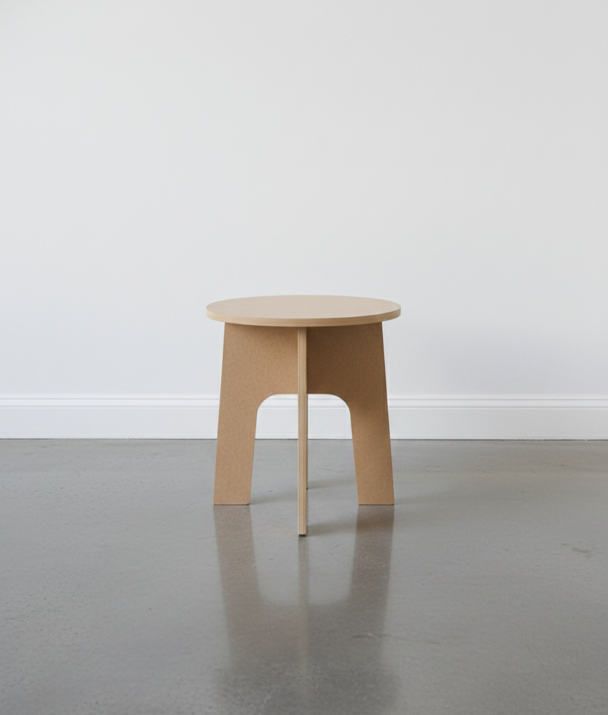The Stoolie fully assembled, centered against the white wall. Use a "background sweep" technique where the base and wall blend to keep the product the absolute focus.