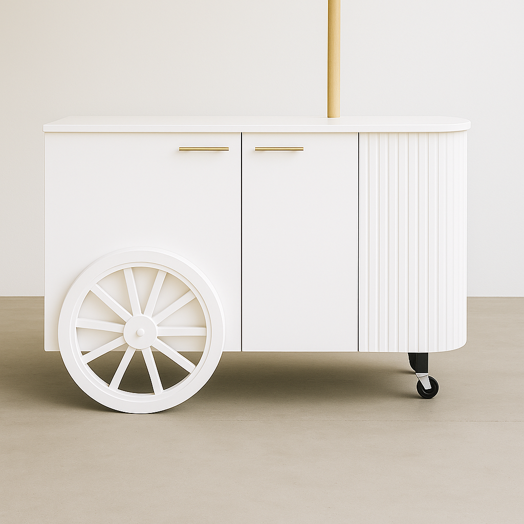 white event cart with umbrella—perfect for weddings, brand activations, and styled displays. Features curved ribbed panelling, brass handle, wheels for easy movement,
