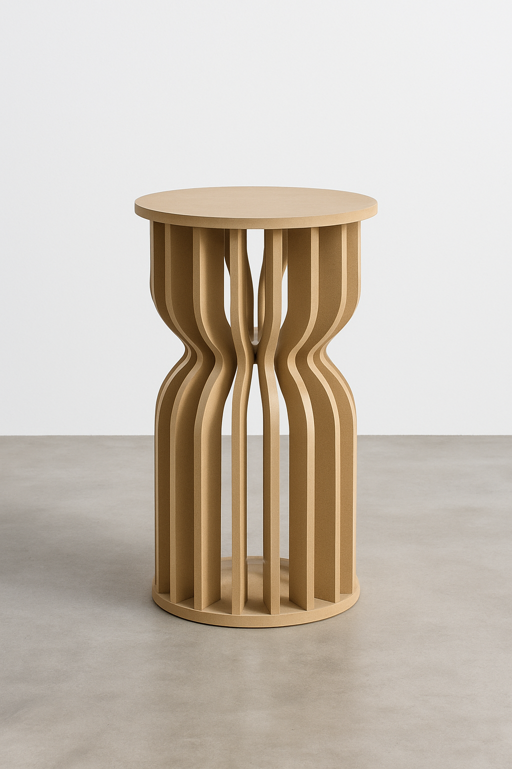 A modern Hourglass plinth with an intricate, wavy slat design, placed on a concrete floor against a plain white wall. These hourglass plinths are perfect for market stalls, parties, birthdays and event brand activations.
