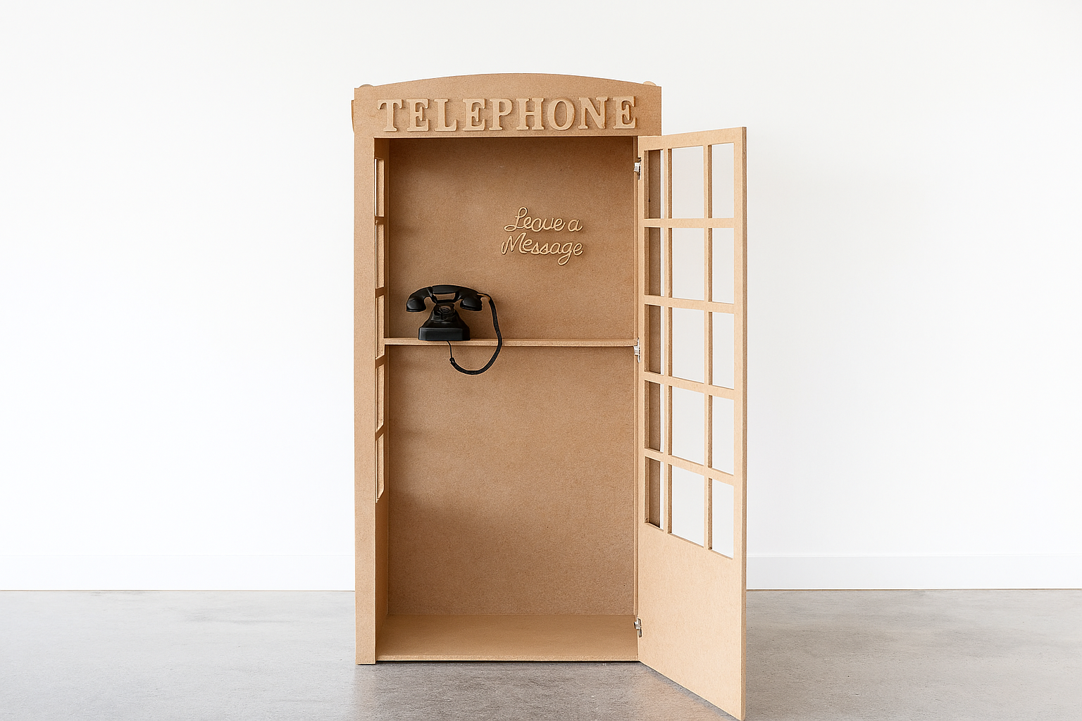 White collapsible telephone booth purchase with vintage rotary phone, floral wallpaper, brass handle, mirrored ceiling, tiled base, and 'Leave a Message' LED sign—perfect for weddings, parties, and audio guestbooks in Melbourne.