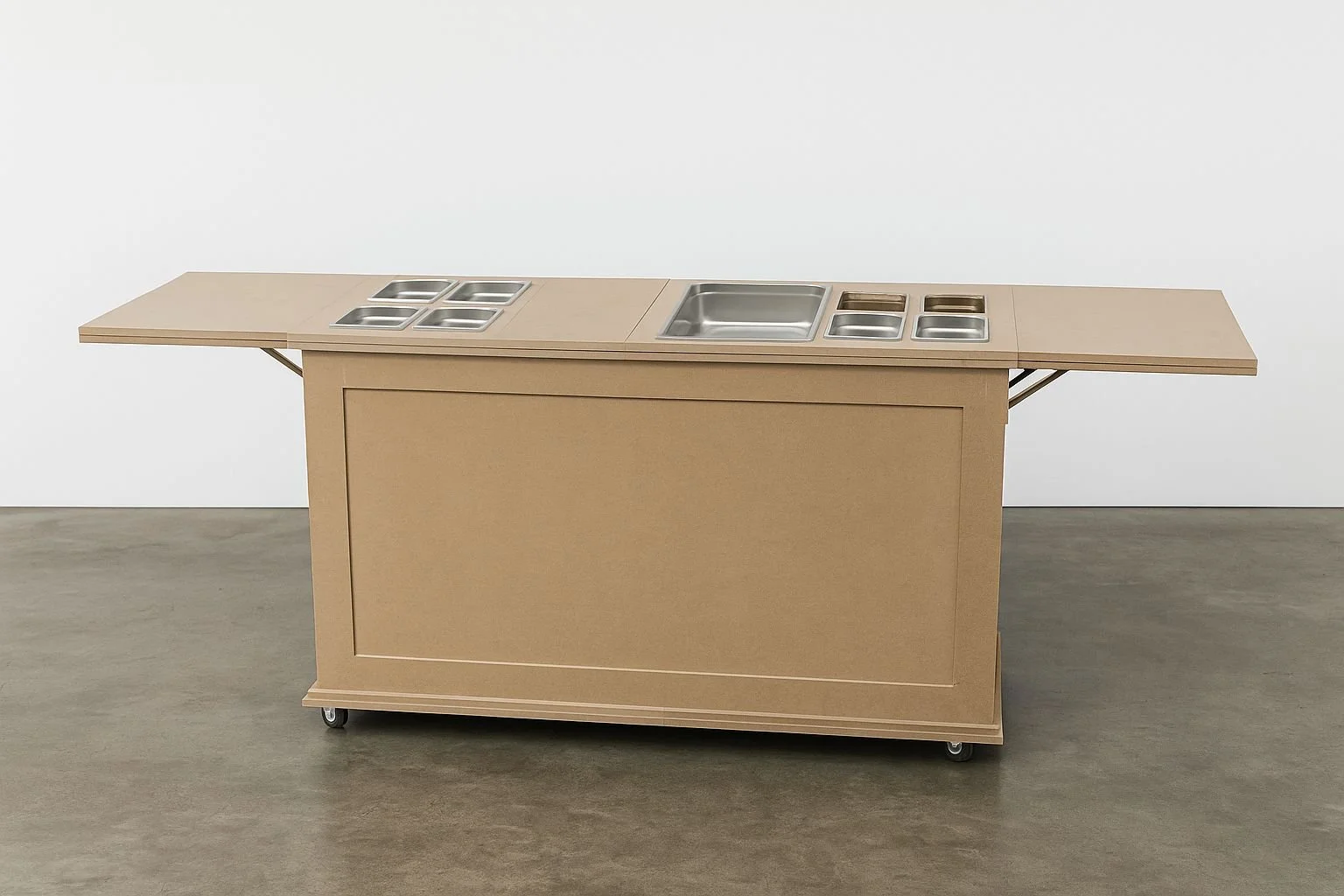 A beige mobile serving counter with stainless steel containers and a sink, set against a plain white background.