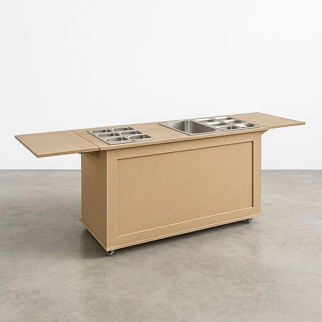 A mobile kitchen cart with a wooden finish, featuring two sinks and six-burner stovetops, set against a white wall and gray floor.