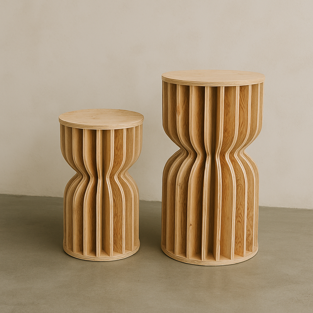 Two custom MDF hourglass plinths with curved vertical slats, one taller and larger, and one shorter and smaller, placed against a neutral wall. These hourglass plinths are perfect for market stalls, parties, birthdays and event brand activations.