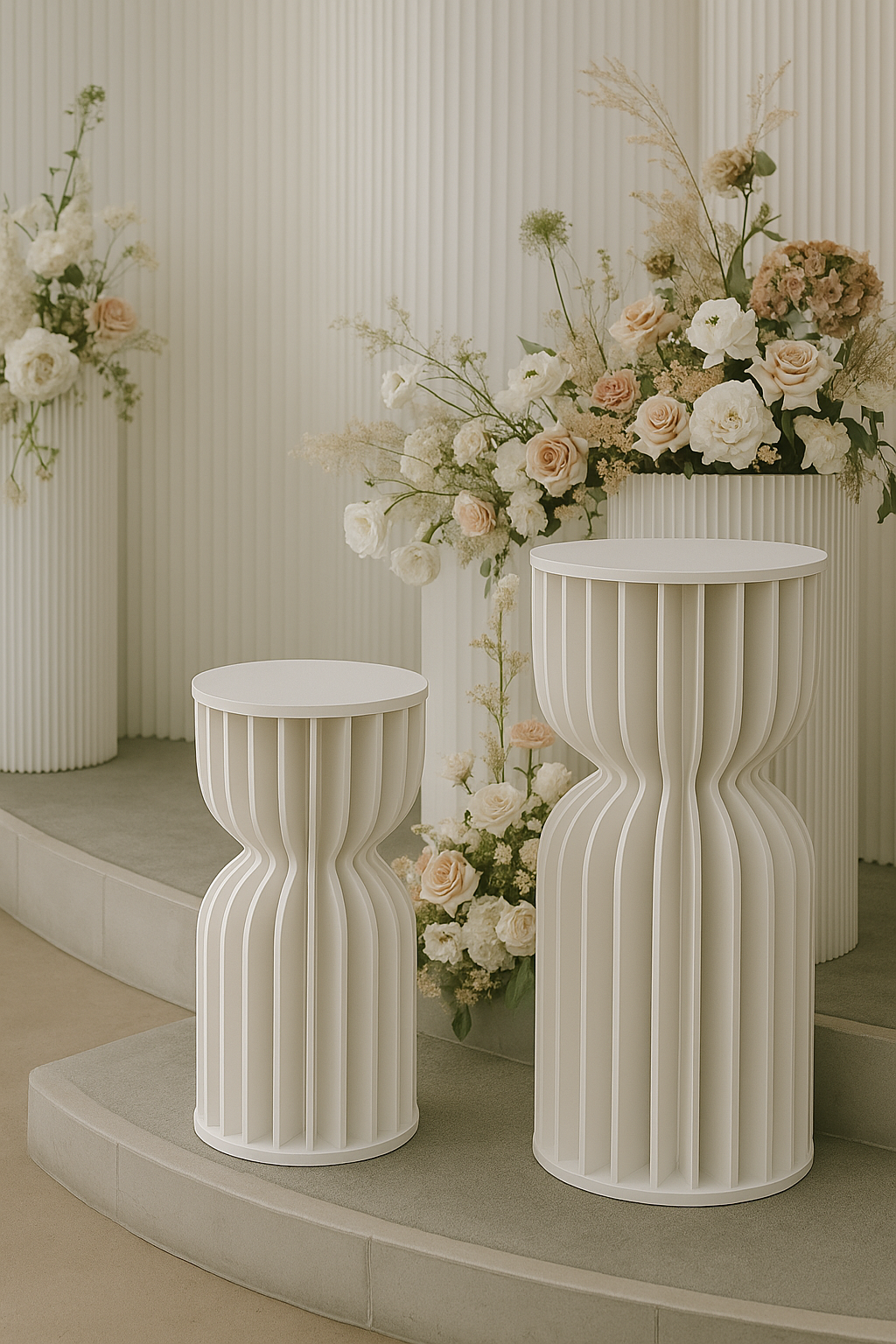 Hire or buy a hourglass event plinth. Collapsible and tool-free. Perfect for weddings, shoots, and events. Available in Melbourne.