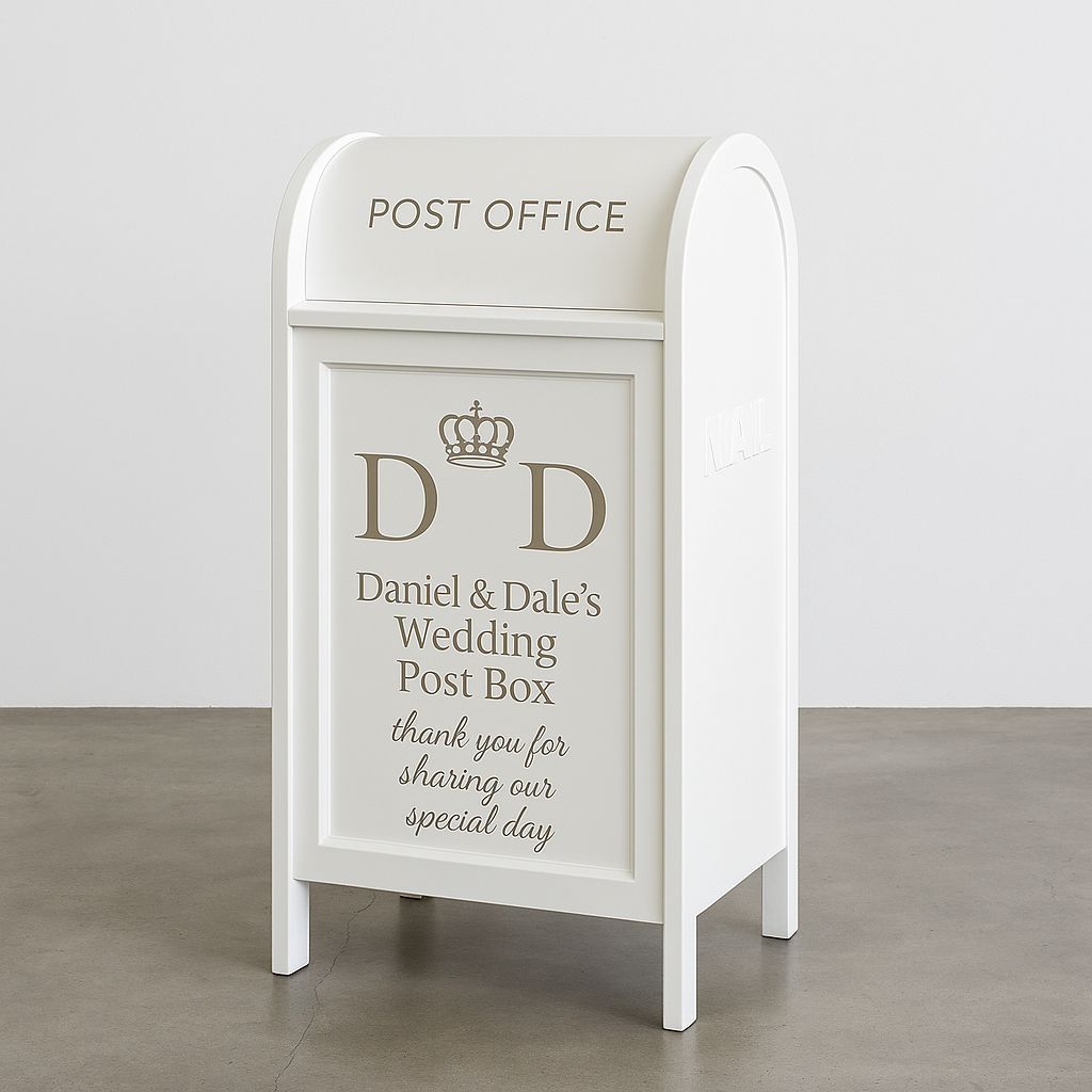 White collapsible wedding wishing well mailbox styled like a post box—used for collecting cards and messages at weddings and events. Customisable panel, flat-pack design, available for hire in Melbourne.