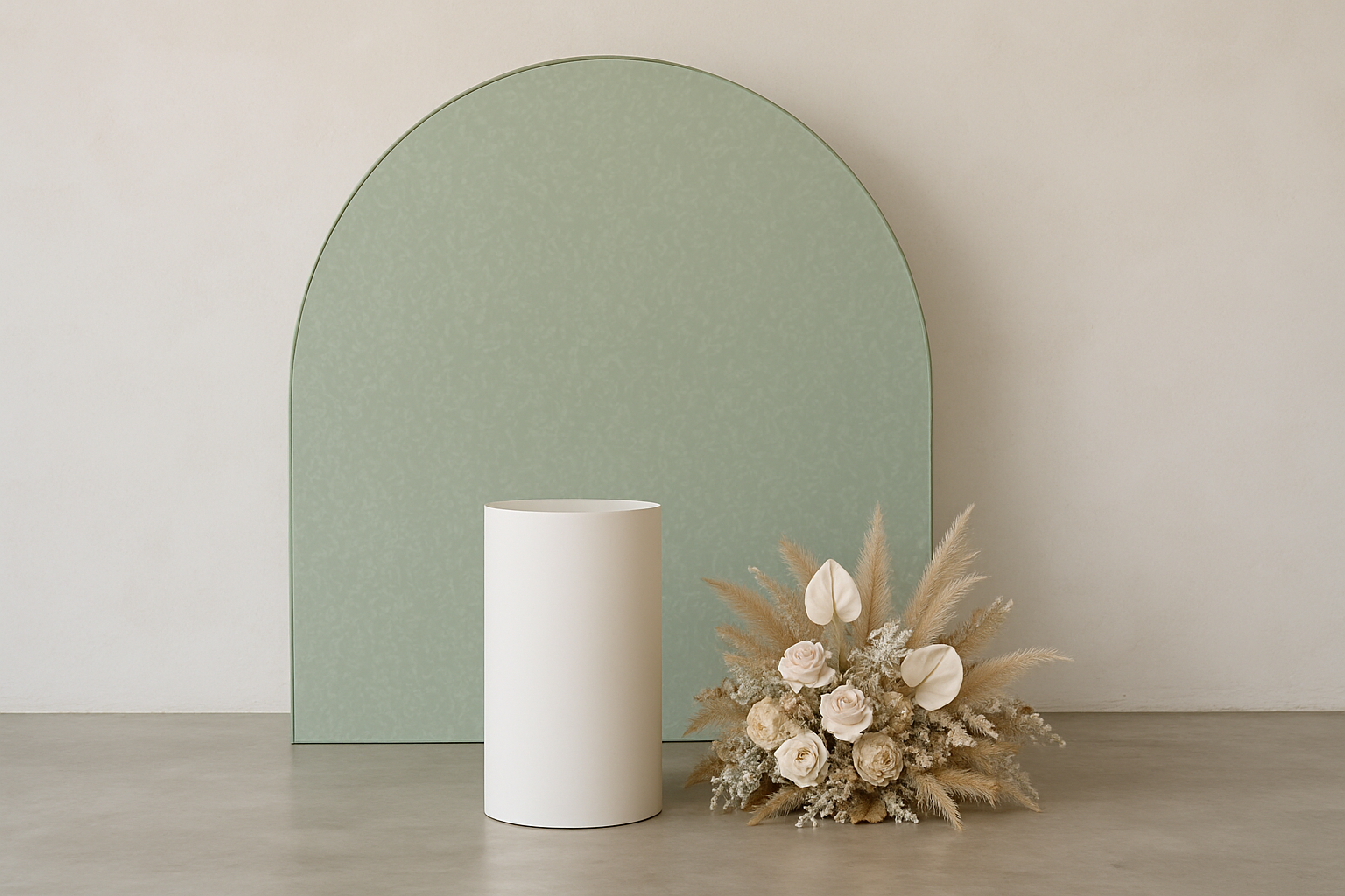 Modular, screw-free collapsible backdrop made in Melbourne, perfect for weddings, markets, and brand activations. Flat-pack design with quick setup and premium finish light green arched backdrop against a neutral wall.