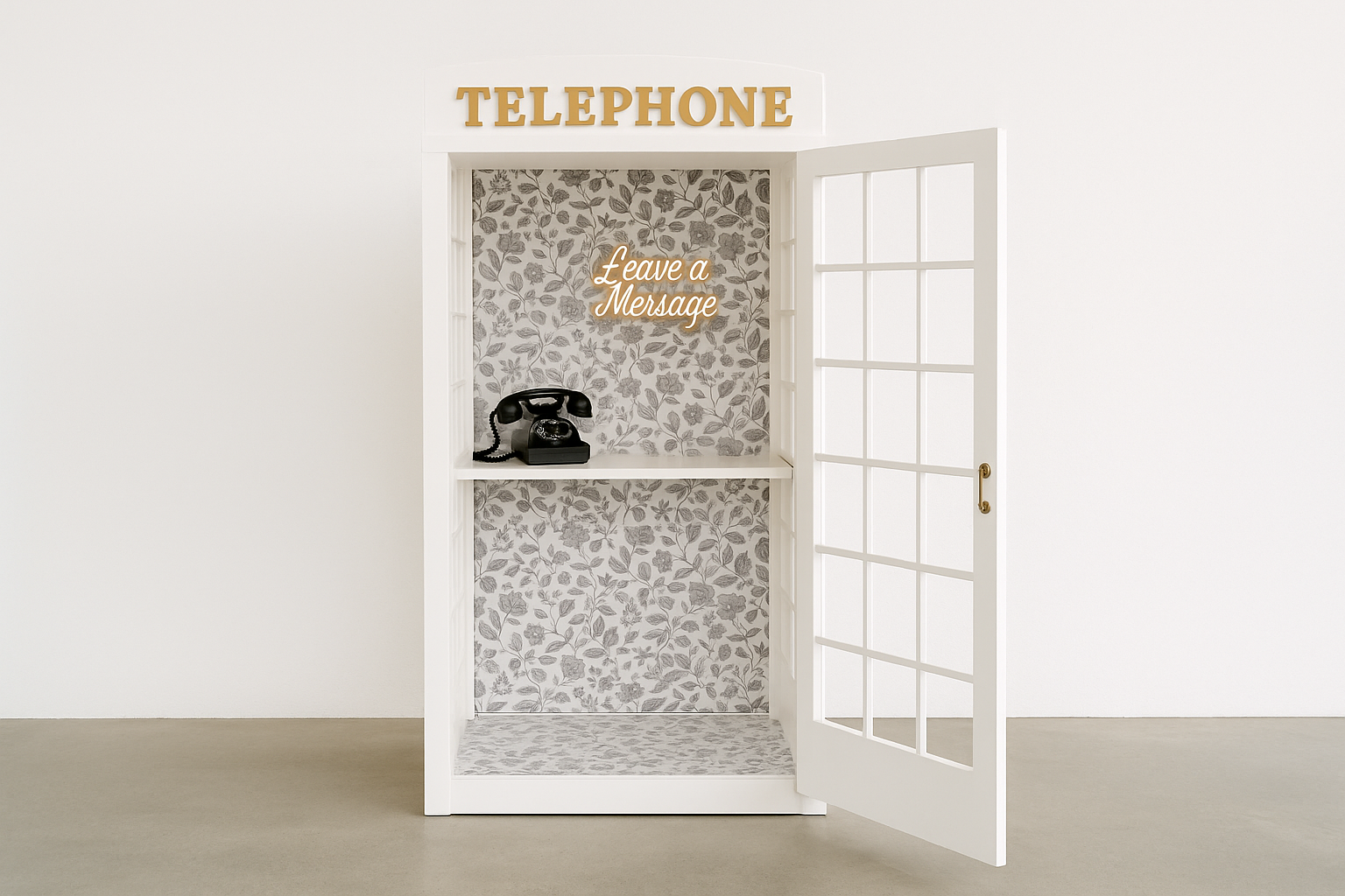 Decorative collapsible event phone booth with a black rotary phone, floral wallpaper background, and a neon sign that says 'Leave a Message', with a large 'TELEPHONE' sign above the entrance.