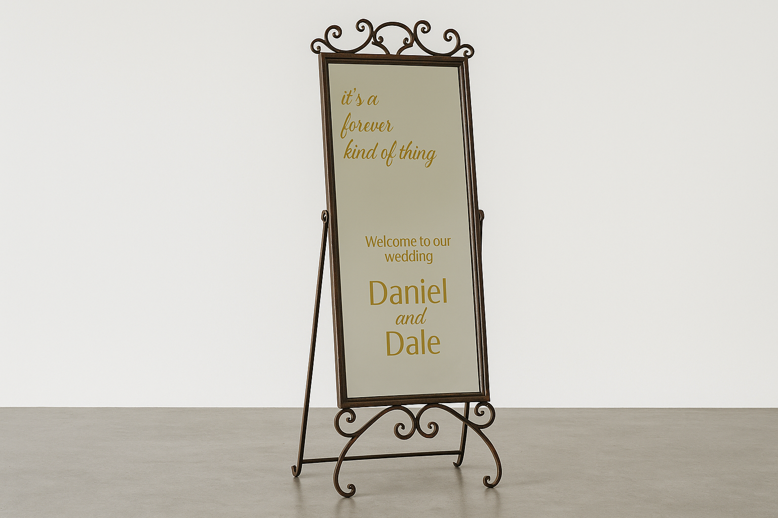 Wedding welcome sign on an ornate metal stand with a cream background and yellow text.