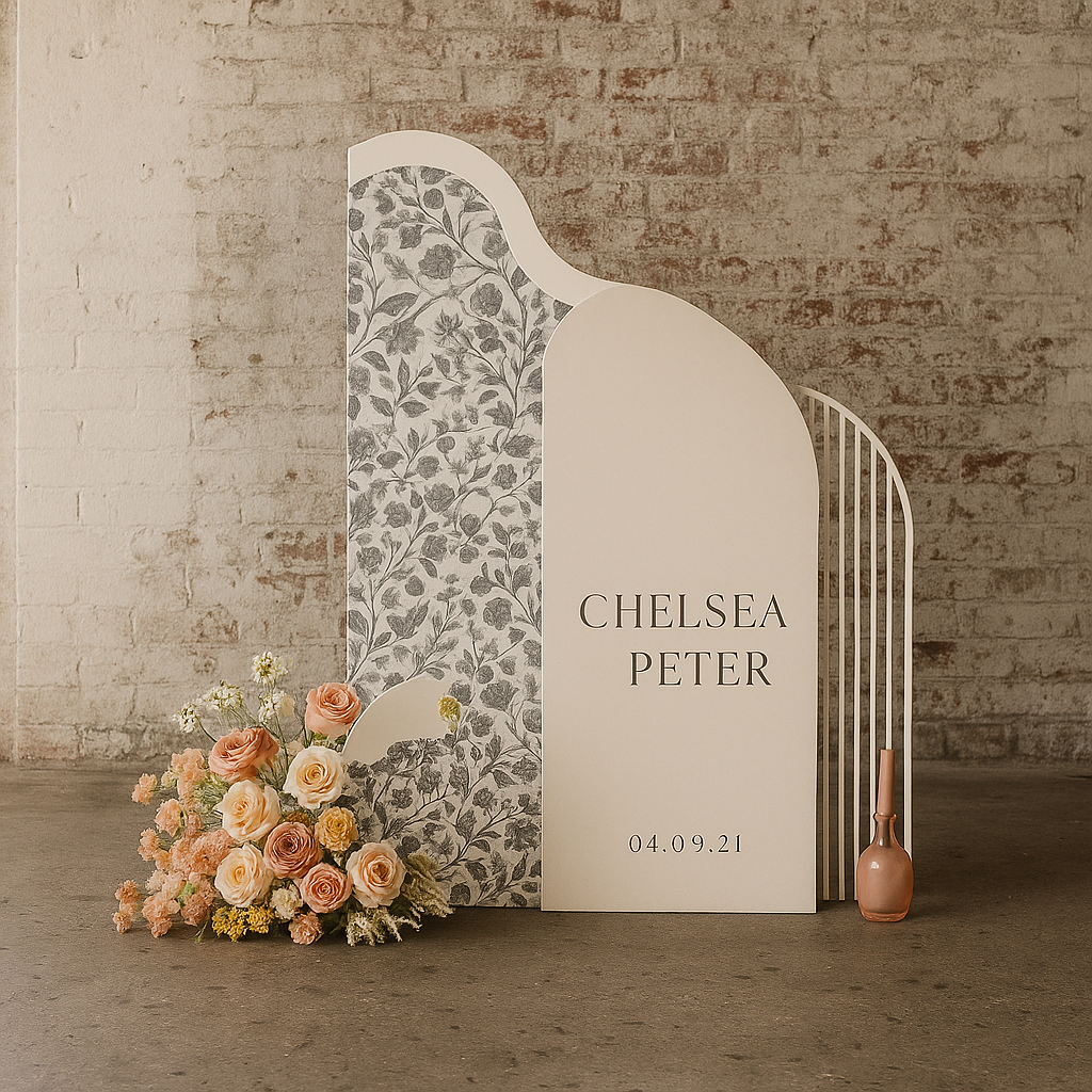 Hire or buy a wave-style event backdrop with subtle emerald green floral wallpaper. Collapsible and tool-free. Perfect for weddings, shoots, and events. Available in Melbourne.