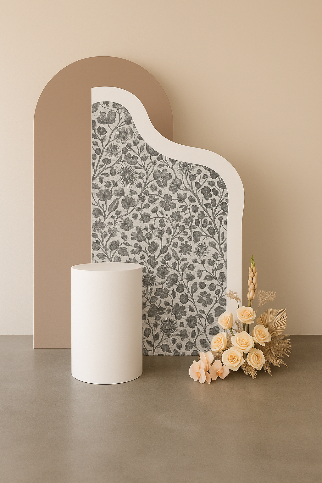 Hire or buy a wave-style event backdrop with subtle emerald green floral wallpaper. Collapsible and tool-free. Perfect for weddings, shoots, and events. Available in Melbourne.