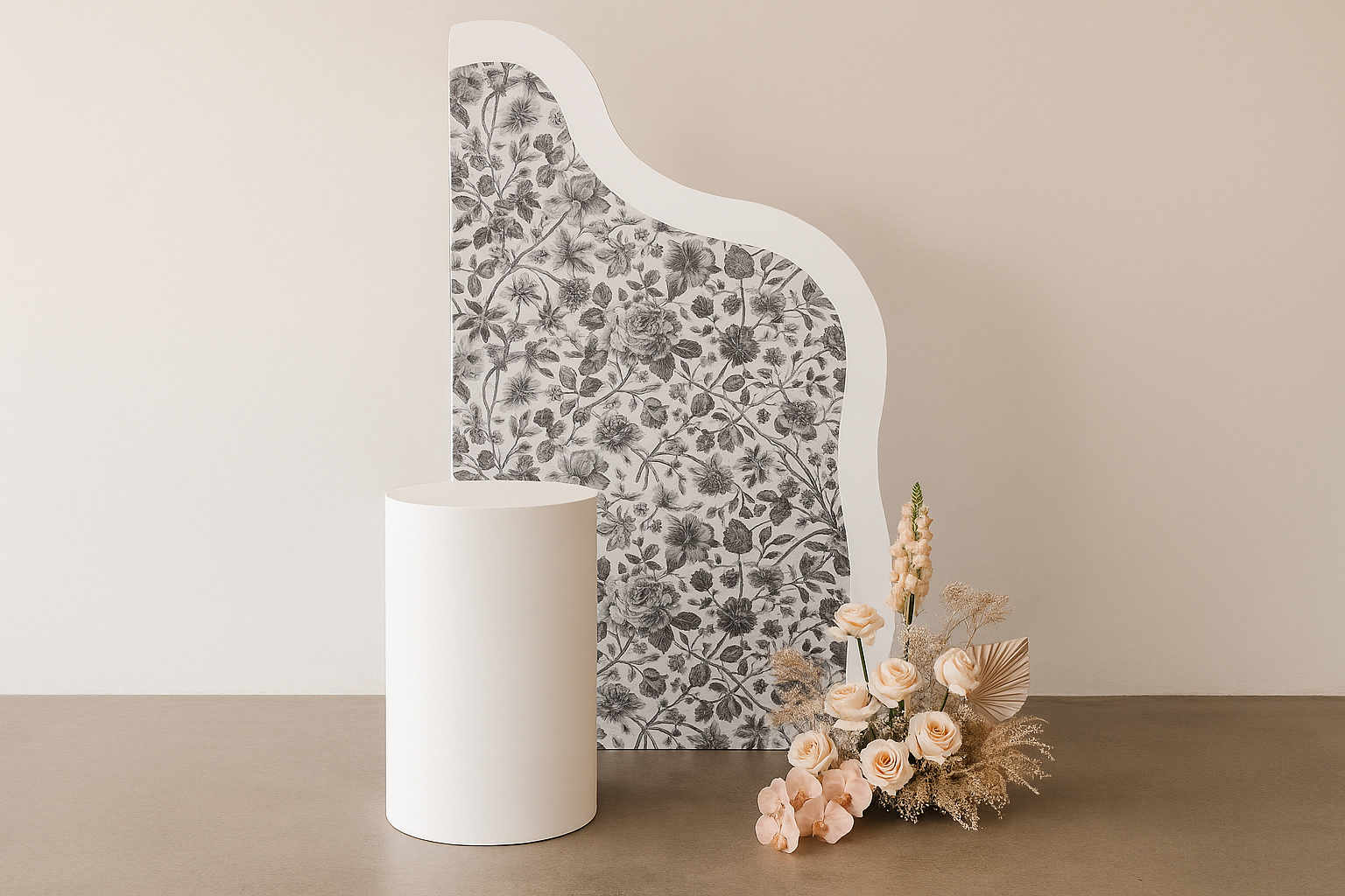 Hire or buy a wave-style event backdrop with subtle emerald green floral wallpaper. Collapsible and tool-free. Perfect for weddings, shoots, and events. Available in Melbourne.