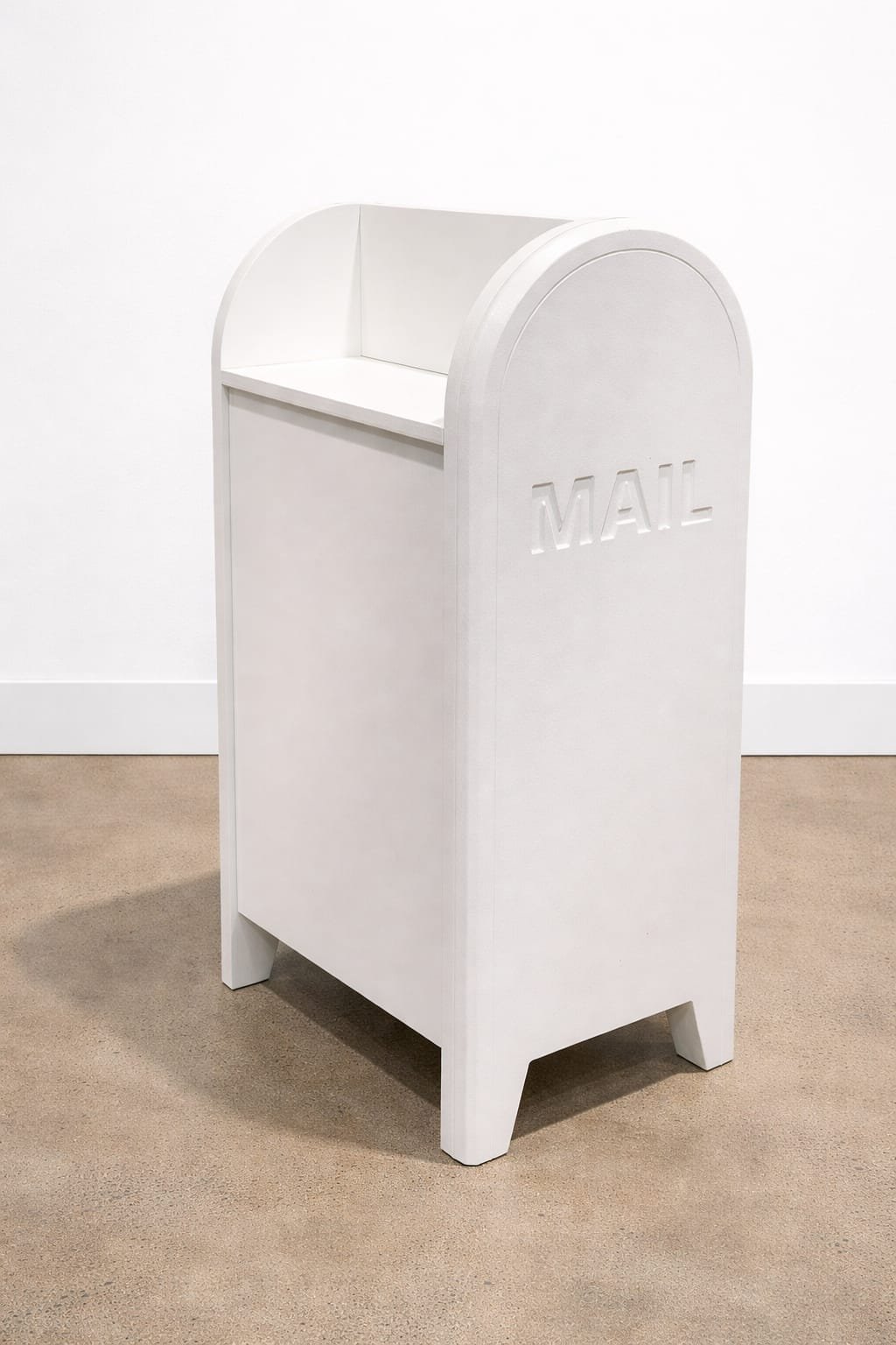 White collapsible wedding wishing well mailbox styled like a post box—used for collecting cards and messages at weddings and events. Customisable panel, flat-pack design, available for hire in Melbourne.
