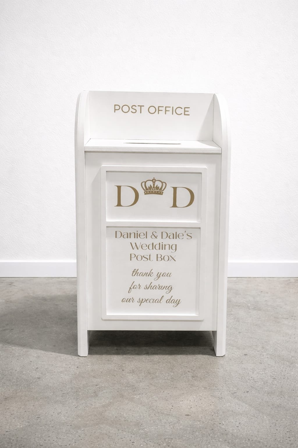 White collapsible wedding wishing well mailbox styled like a post box—used for collecting cards and messages at weddings and events. Customisable panel, flat-pack design, available for hire in Melbourne.
