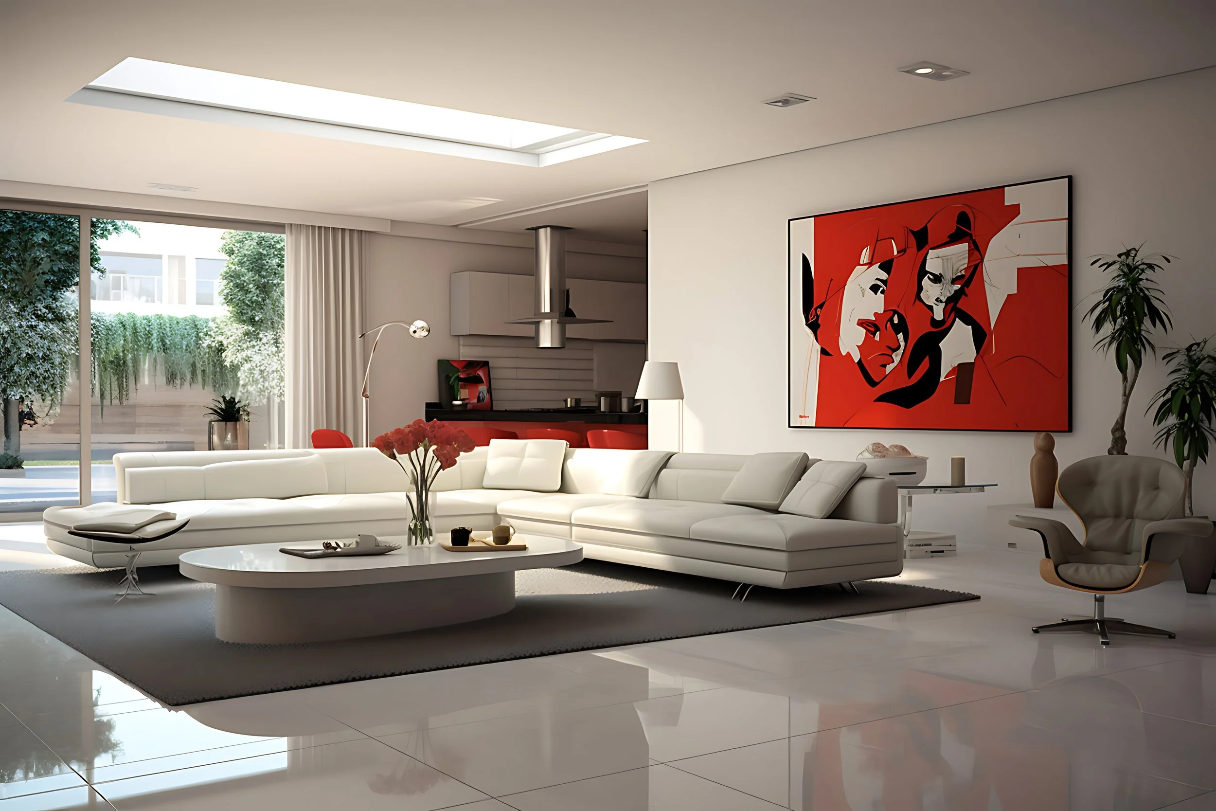 Modern living room with white sectional sofa, glass coffee table, large artwork of abstract faces on the wall, potted plants, and a sliding glass door leading outside, with a view of greenery.