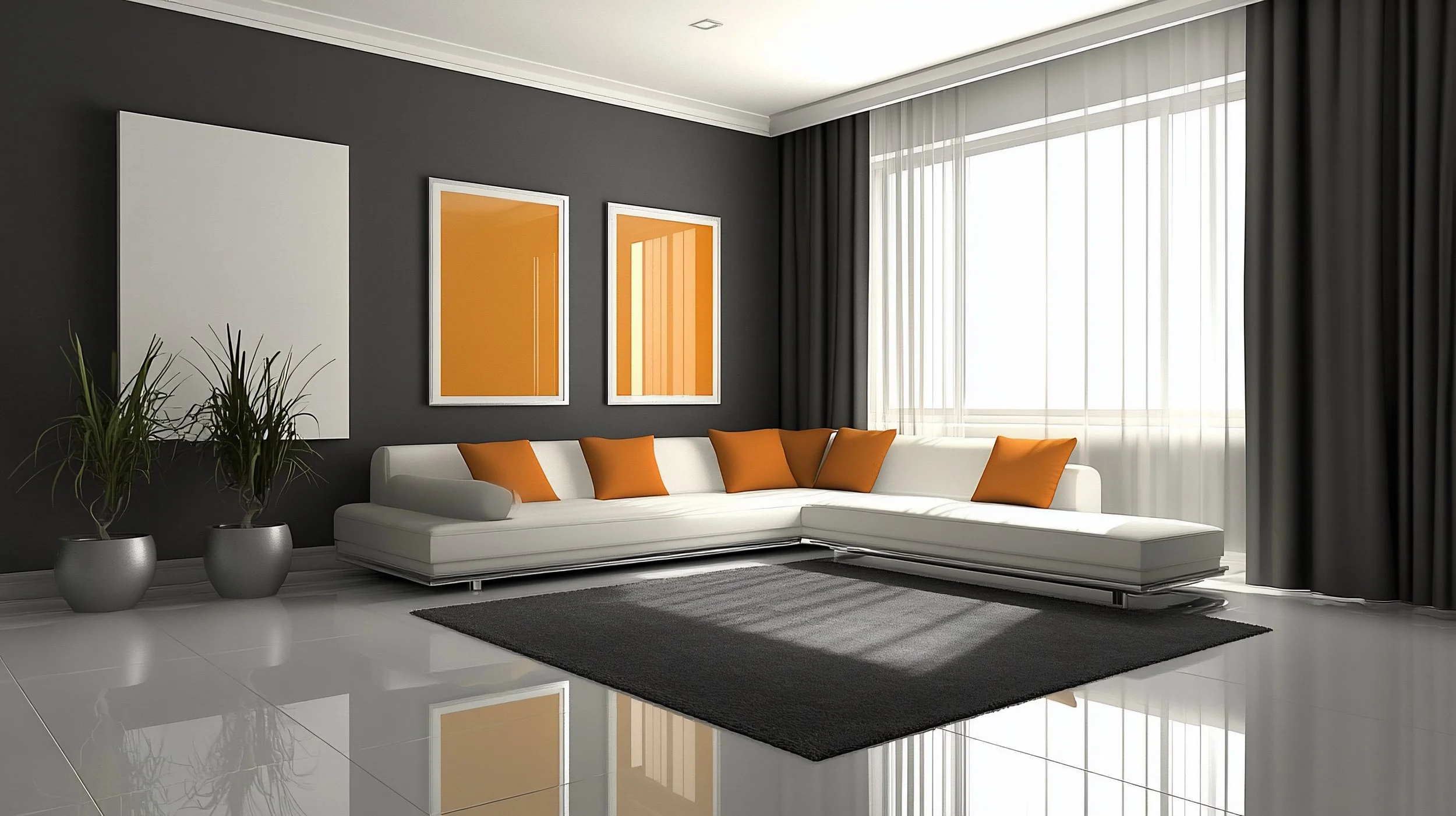 Modern living room with a white sectional sofa, orange pillows, gray walls, framed orange artwork, black curtains, sheer white curtains, potted plants, and a black rug on glossy white floor tiles.