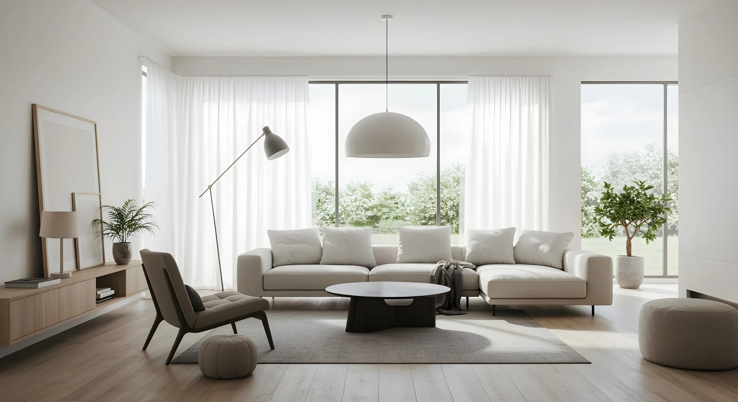 Minimalist living room with white sofa, modern armchair, glass windows, white curtains, indoor plants, pendant light, and wooden flooring.
