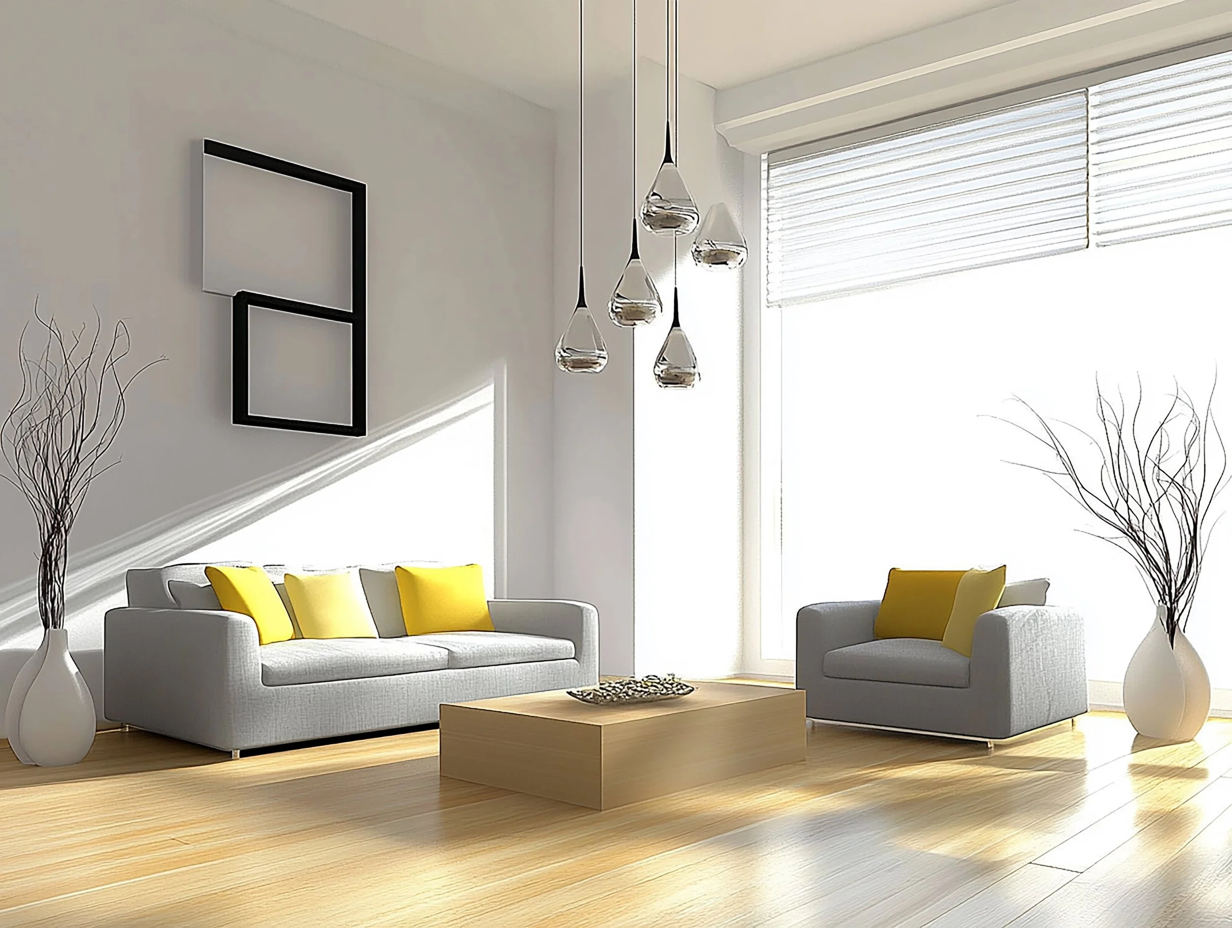 Bright living room with white walls, large window with blinds, two gray sofas with yellow pillows, a light wooden coffee table, tall white vases with decorative branches, and modern pendant lighting.