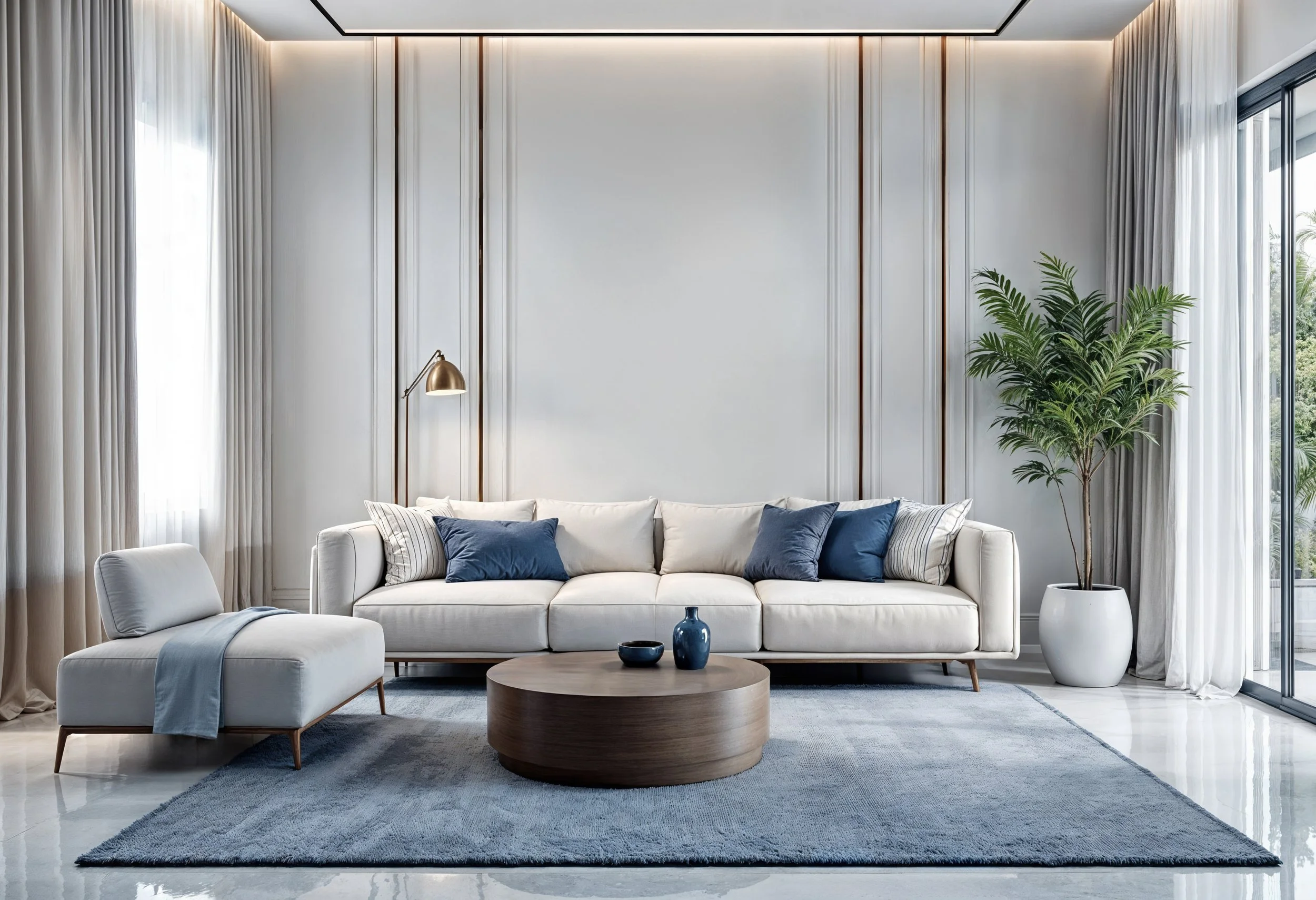Modern living room with a white sofa, blue and striped pillows, a wooden coffee table with decorative vases, a white armchair with a throw blanket, a large potted plant, and floor-to-ceiling windows with curtains.