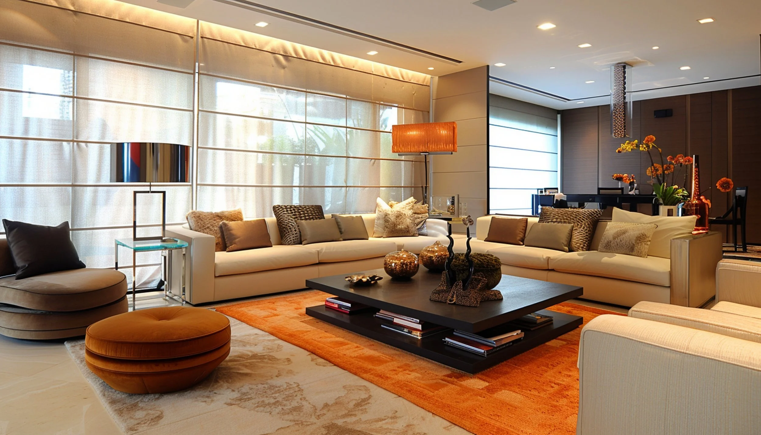 A modern living room featuring a large cream-colored sectional sofa with diverse throw pillows, a black coffee table decorated with ornamental items, an orange area rug, and additional seating including a rounded beige armchair and an orange ottoman. Large windows with sheer curtains allow natural light, and a sleek wall-mounted lamp adds ambient lighting. Vases with flowers and modern decor are arranged throughout the space.