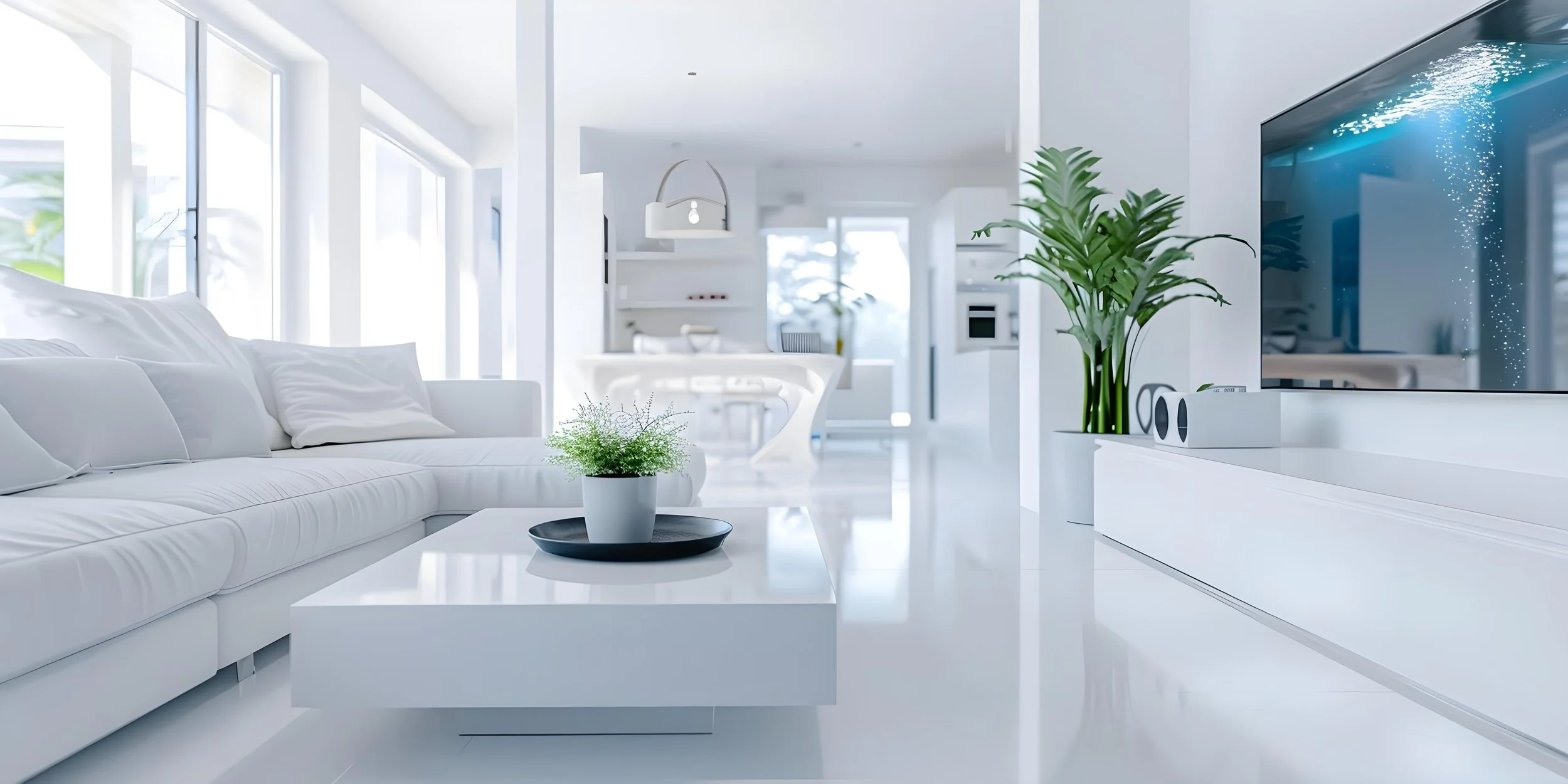 Bright, modern living room with white sofa, coffee table with plant, large TV, and large windows letting in natural light, with an open kitchen in the background.