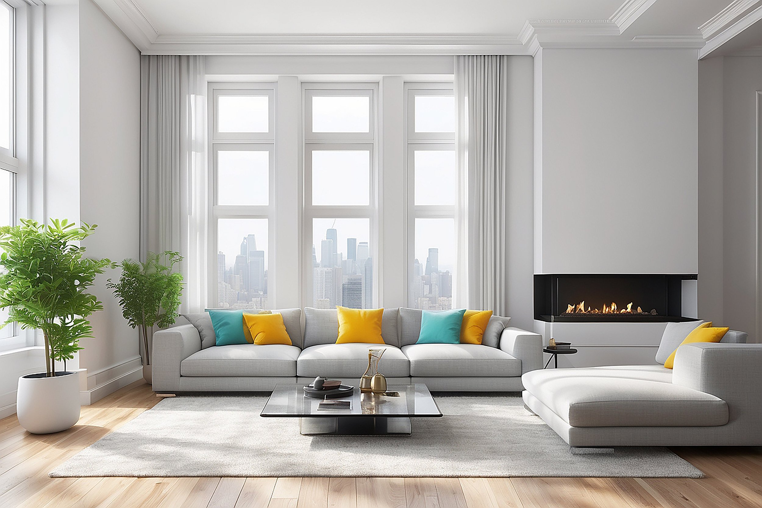 Modern living room with white sofa, colorful cushions, large windows with cityscape view, fireplace, potted plants, and a glass coffee table on a light area rug.
