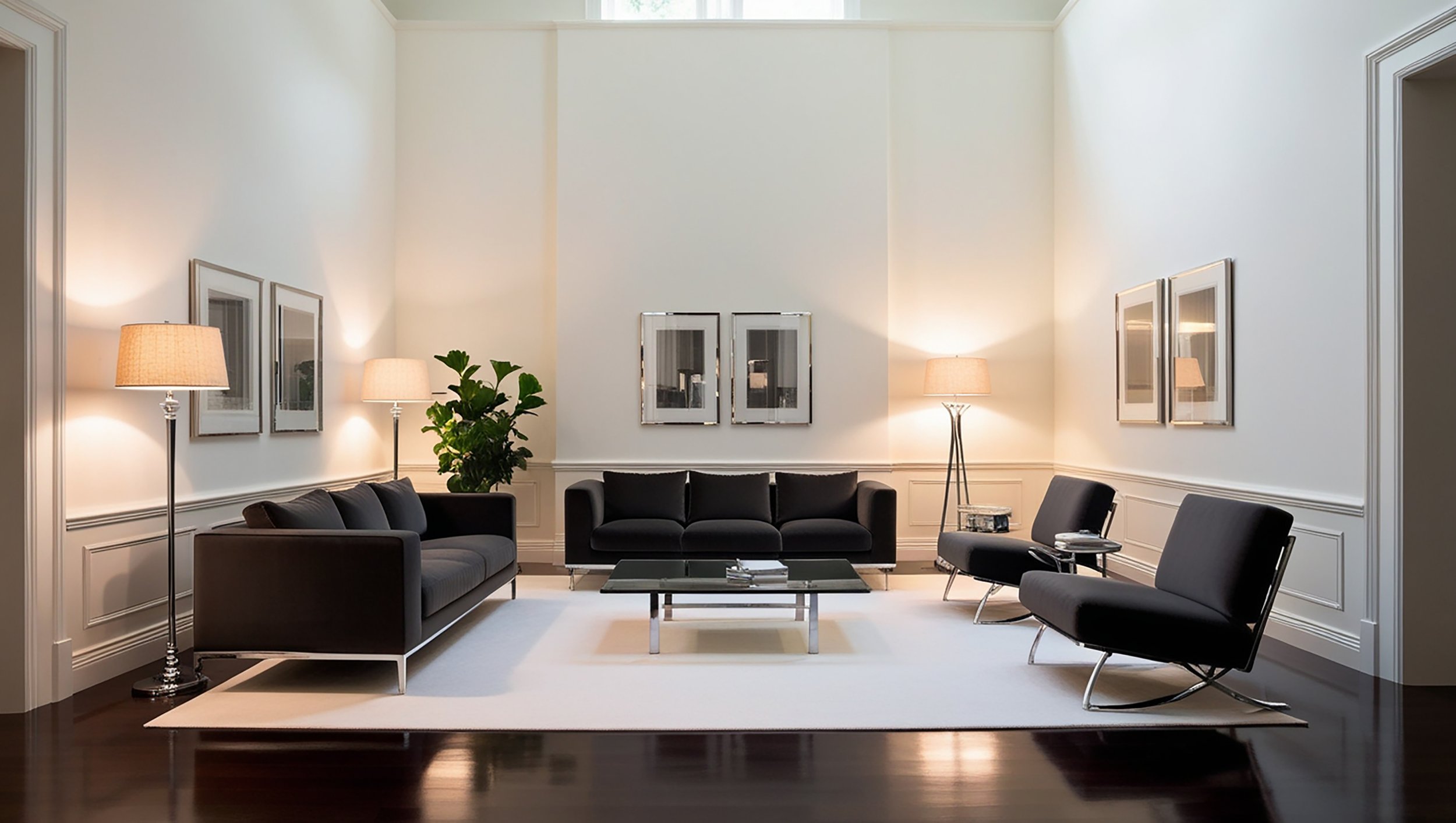 Modern living room with black sofas, chairs, glass coffee table, white walls, framed pictures, wooden flooring, lamps, and a green plant.
