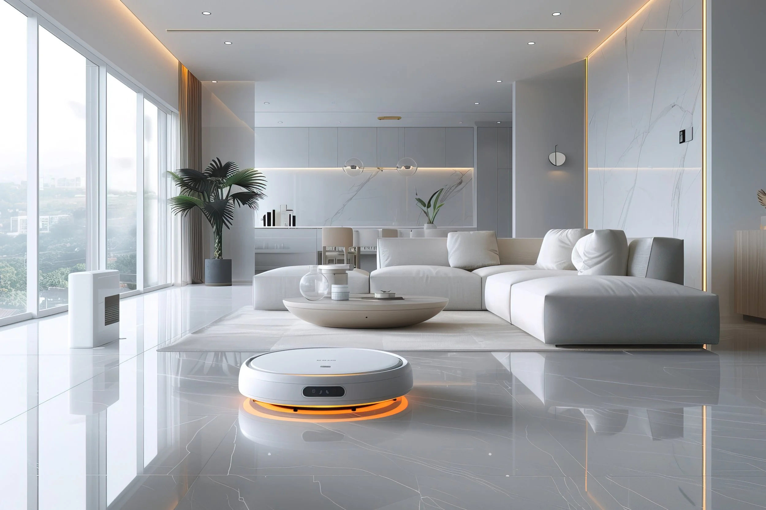 Modern living room with white sofa, marble walls, large windows, indoor plants, and a robotic vacuum on a glossy tile floor.