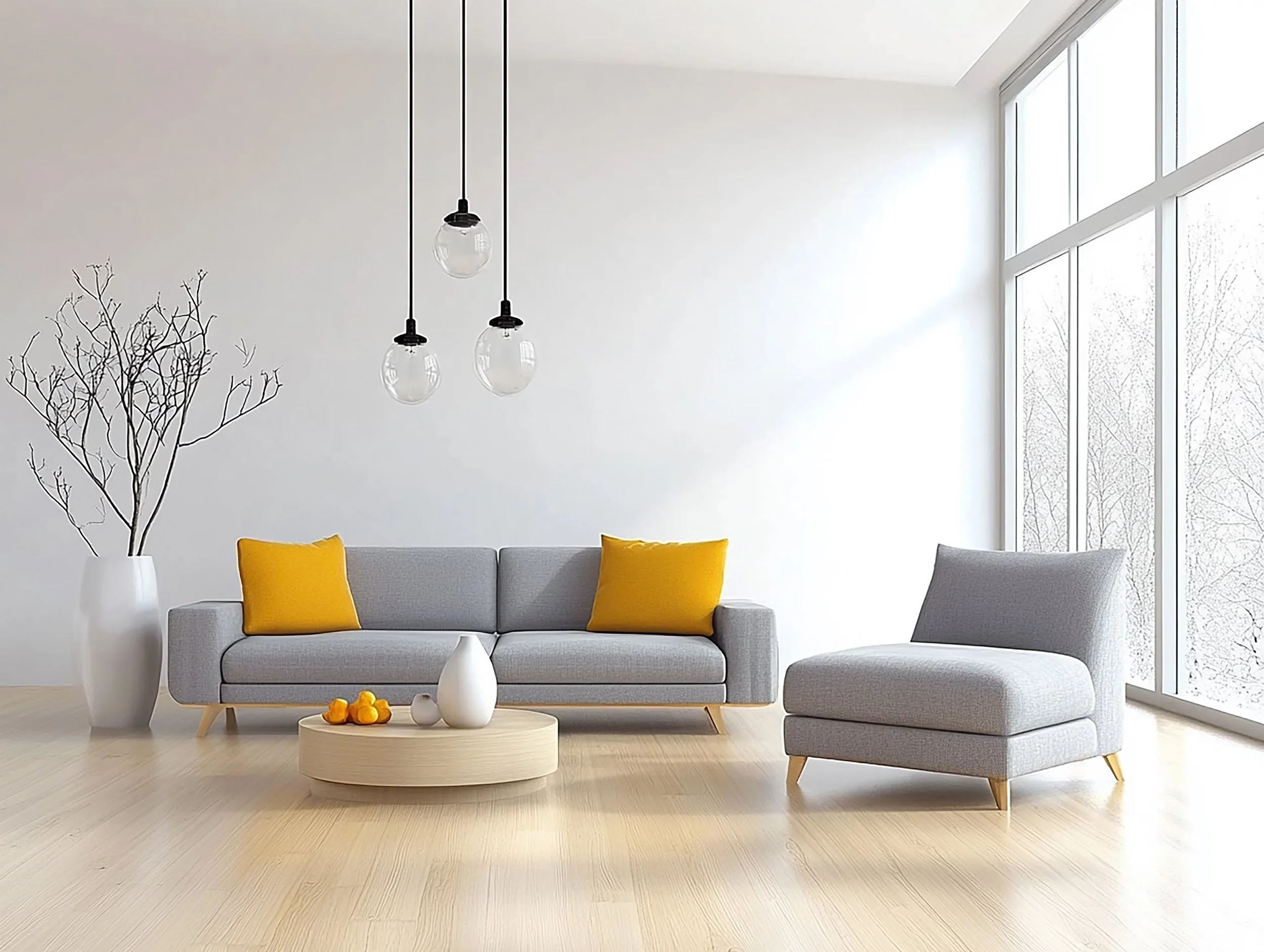 Modern living room with light gray sofa and armchair, yellow pillows, a round wooden coffee table with vases and oranges, large window, minimal decor, white walls, pendant lights, light wood flooring.