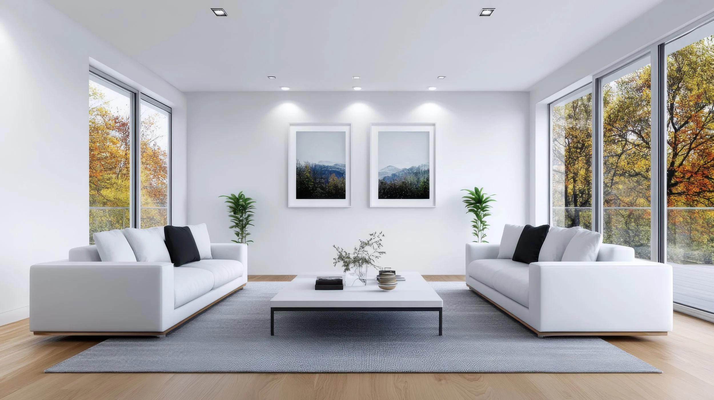 Modern living room with white couches, a gray rug, coffee table with decorative items, large windows with views of trees with autumn leaves, and minimalist art on the white wall.