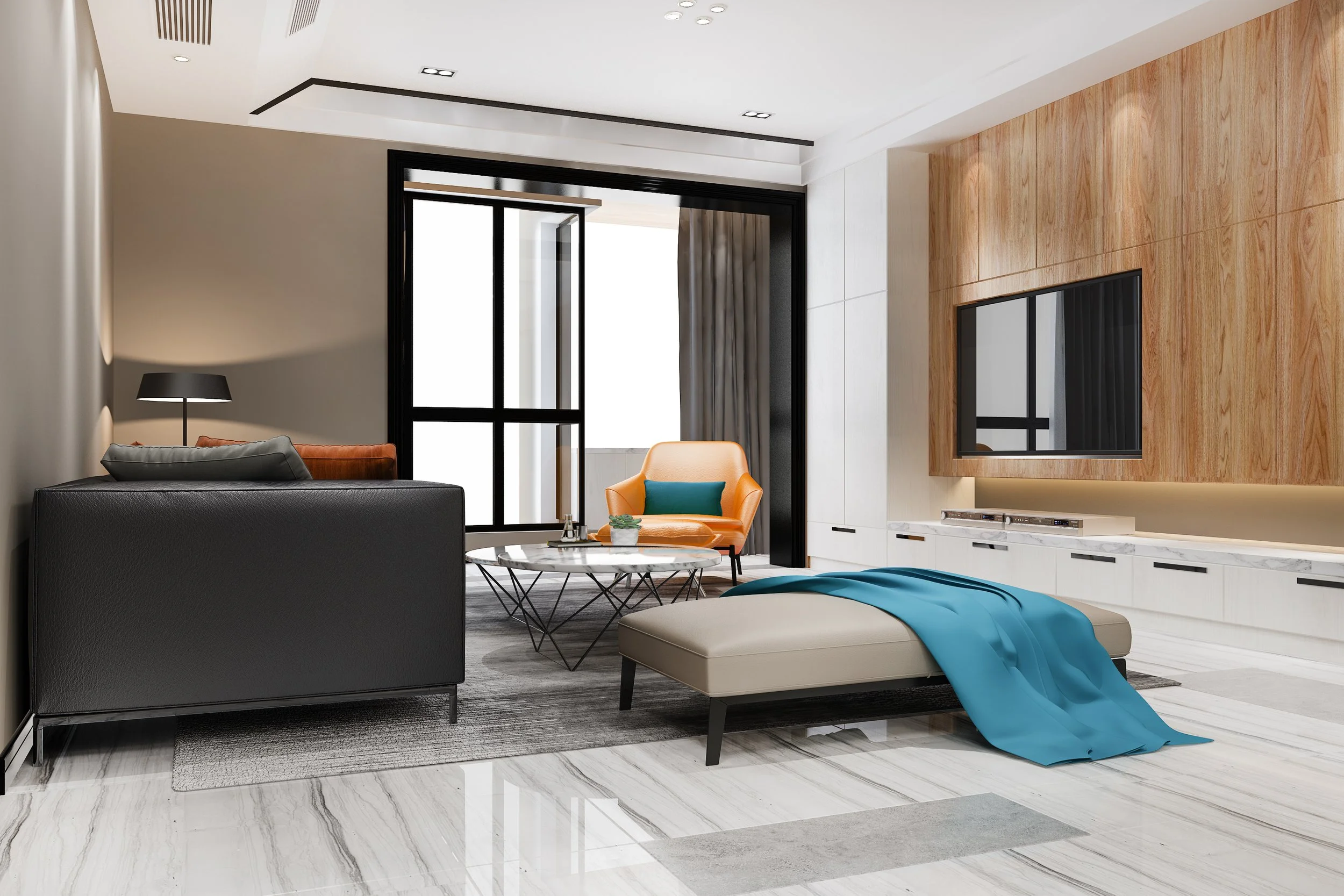 Modern living room with black sofa, orange armchair, white marble coffee table, beige ottoman with blue throw, TV mounted on wooden accent wall, gray curtains, and large glass window.
