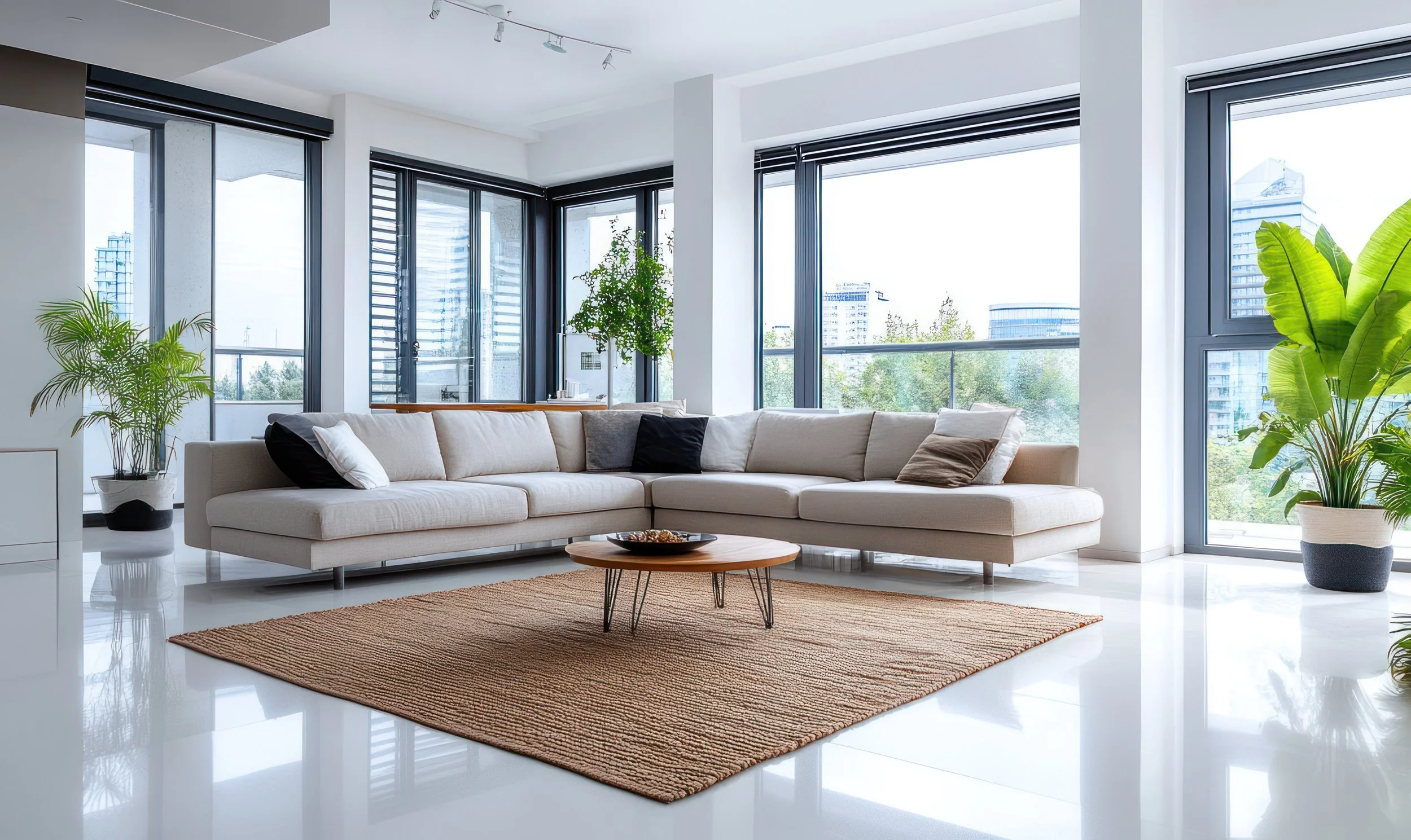 Modern living room with a large white sectional sofa, potted plants, a wooden coffee table, a brown rug, and large windows with city views.