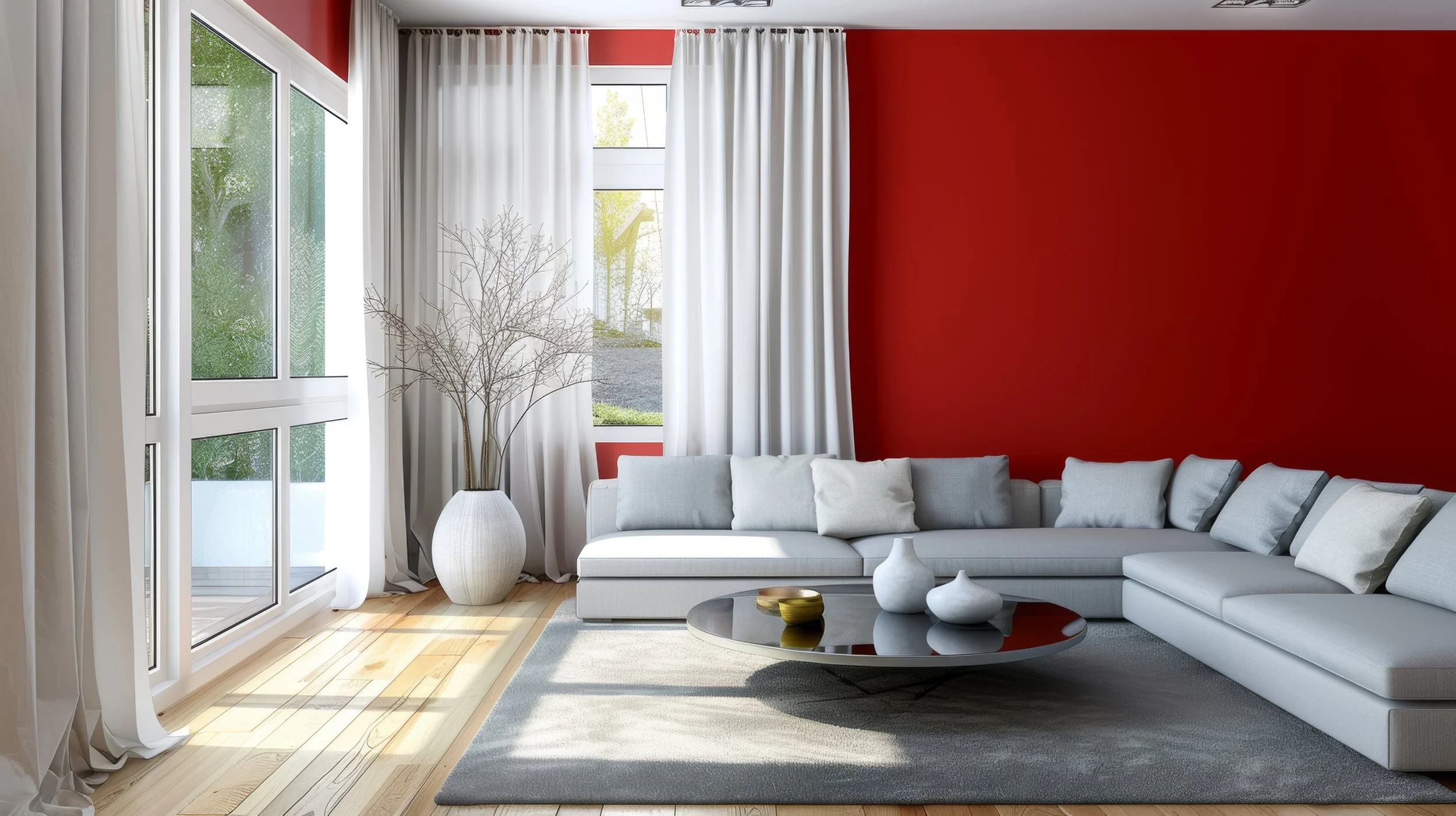Living room with red accent wall, white sectional sofa, glass or marble coffee table with decorative vases, large window with white curtains, and a potted plant, hardwood floors, and a gray area rug.