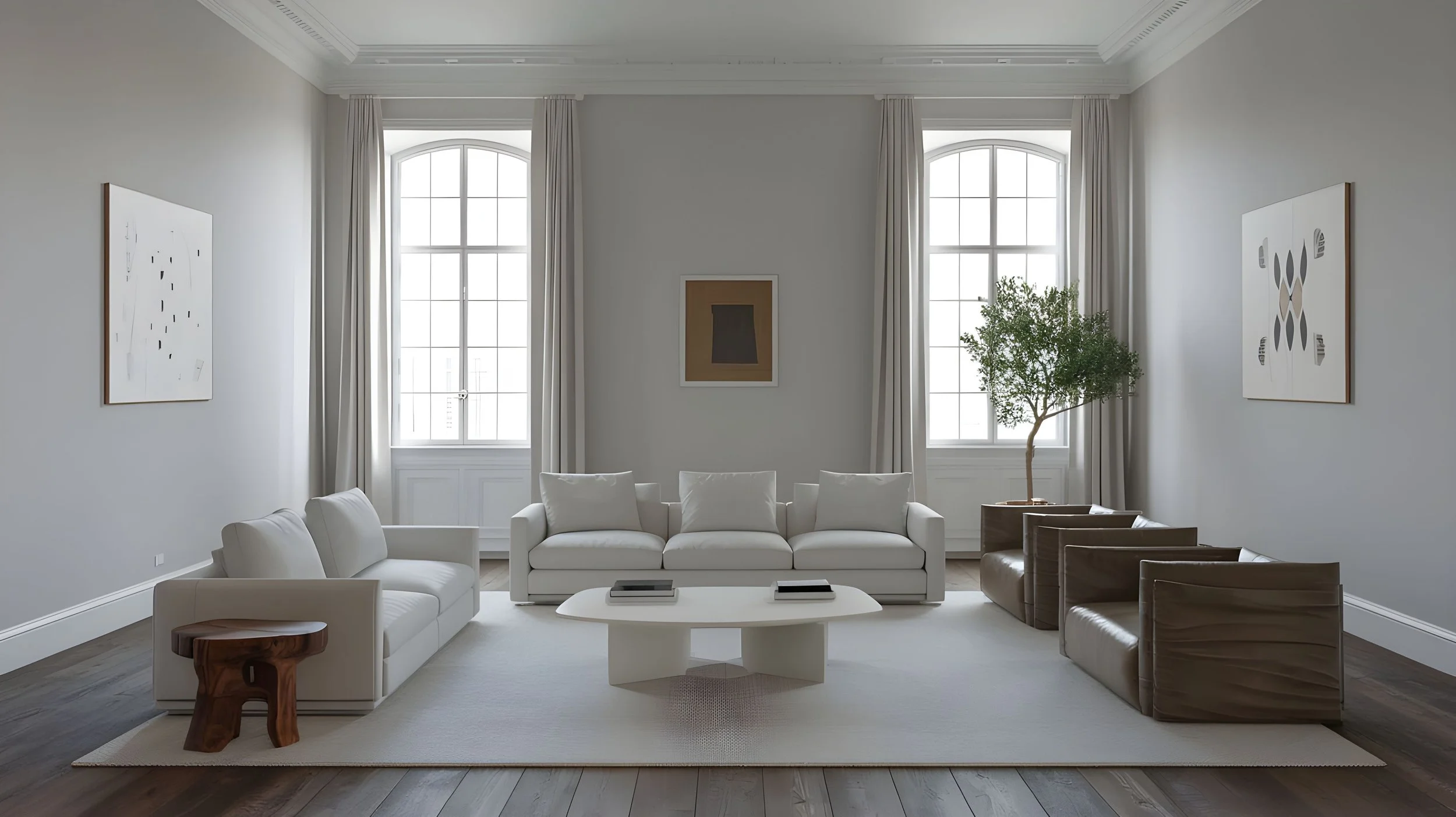 Minimalist living room with white sofas, a coffee table, and artwork on the walls, illuminated by large windows with white curtains and a potted tree.