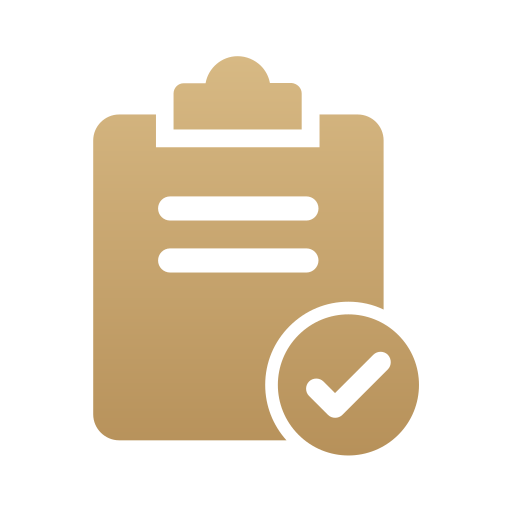Icon of a clipboard with a checkmark in a circle.