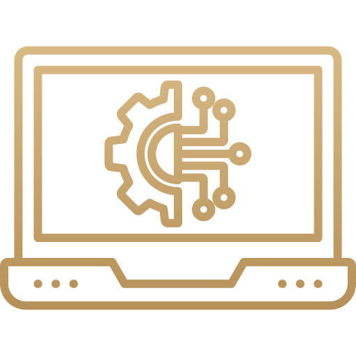 Icon of a laptop with a gear and circuit lines on the screen, representing technology or digital engineering.
