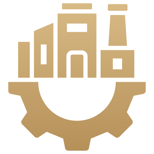 Icon of a cityscape on top of a gear cog, representing urban development or industry.