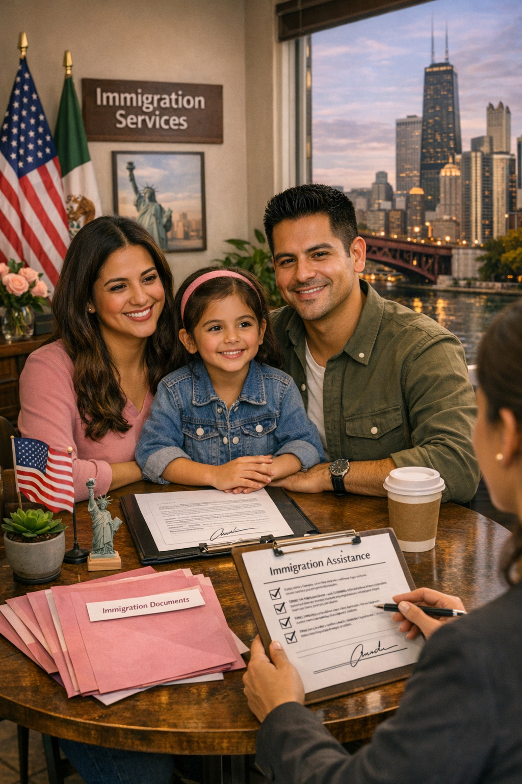 A family of three, with a woman, a man, and a young girl, sitting at an immigration services office with cityscape view in the background. They are smiling, with documents and an immigration assistance form on the table.
