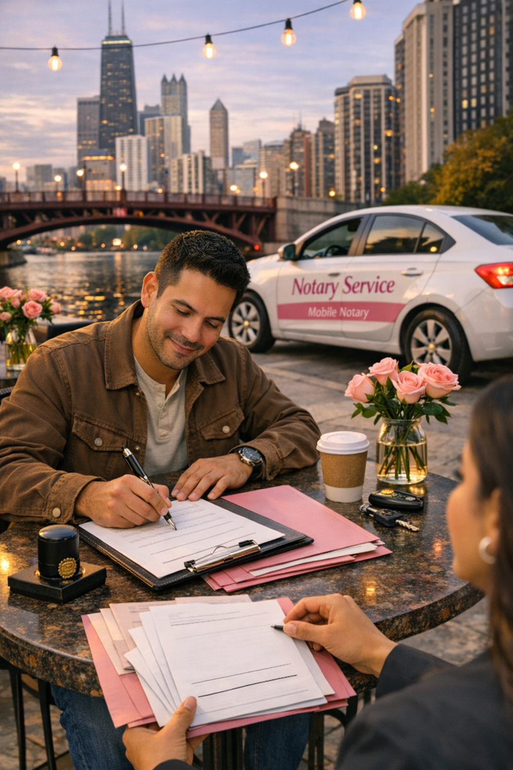 A man signing documents at an outdoor table by a river during sunset. There are flowers, a coffee cup, and notary service vehicle in the background, with city skyscrapers and a bridge visible.