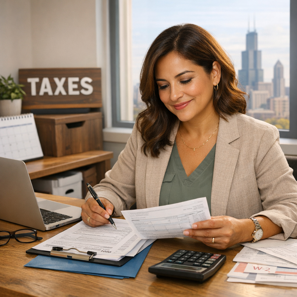 A woman sitting at a desk reviewing tax documents with a calculator, laptop, and glasses nearby. A sign reading 'TAXES' is in the background with a city skyline visible through the window.